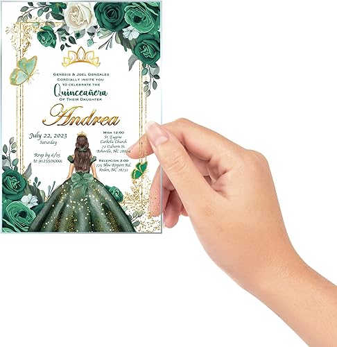 Miniatura 8 de Invitación de quinceañera Vestido verde esmeralda Invitación de vidrio acrílico, Mis Membrillo, Dulce 15, Dulce 16, Diseño floral, xv anos, 15 años,