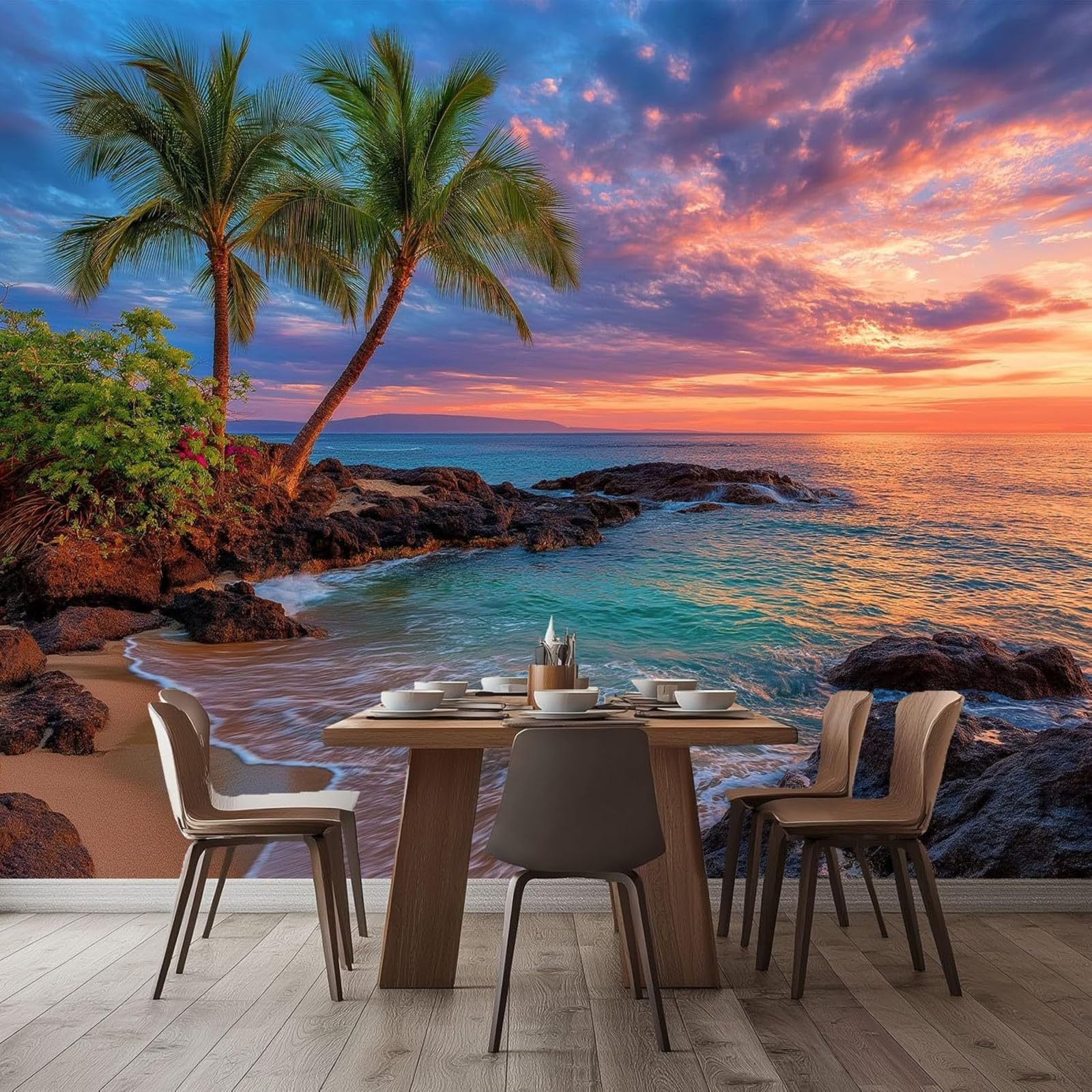 pdghsdkgjh 3D Photo Wallpaper Tropical Ocean Wall Mural Beach Sunset, for Living Room Bedroom TV Background – Modern Wall Decor Multicolored, 250cm x 175cm Stickers - Frameless Painting - Poster