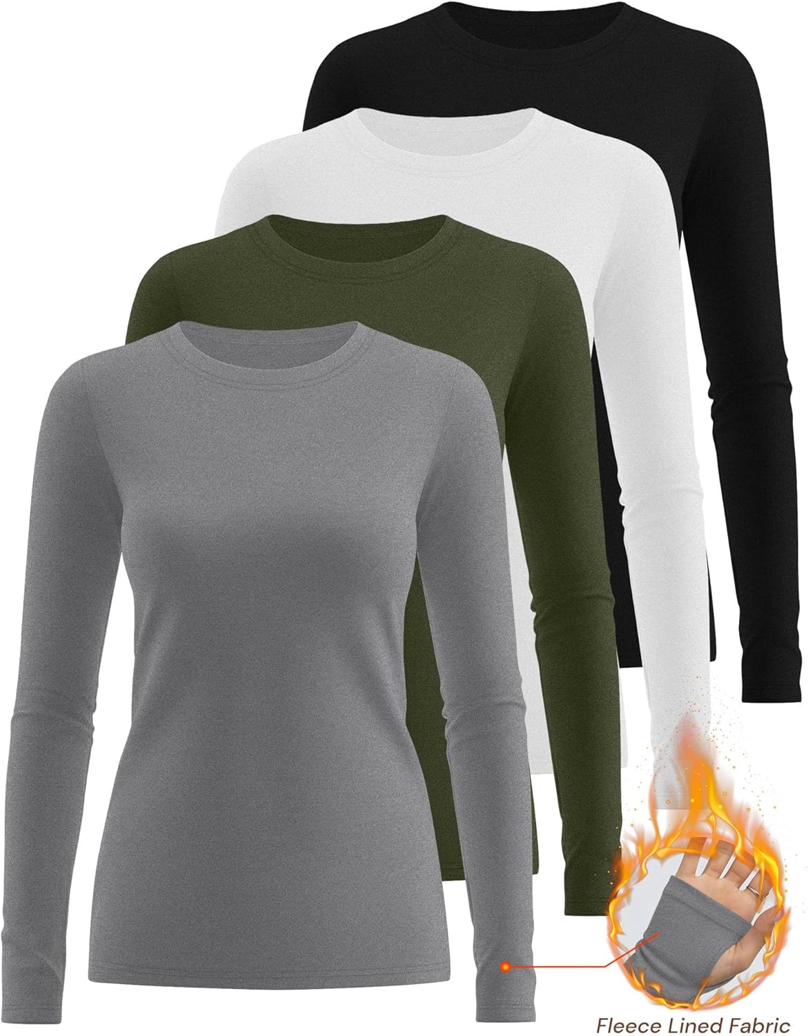Neer 4 Pack Women's Fleece Thermal Long Sleeve Shirts, Thumb Holes Crew Neck Slim Fit Tops Warm Workout Basic Undershirt - Image 3