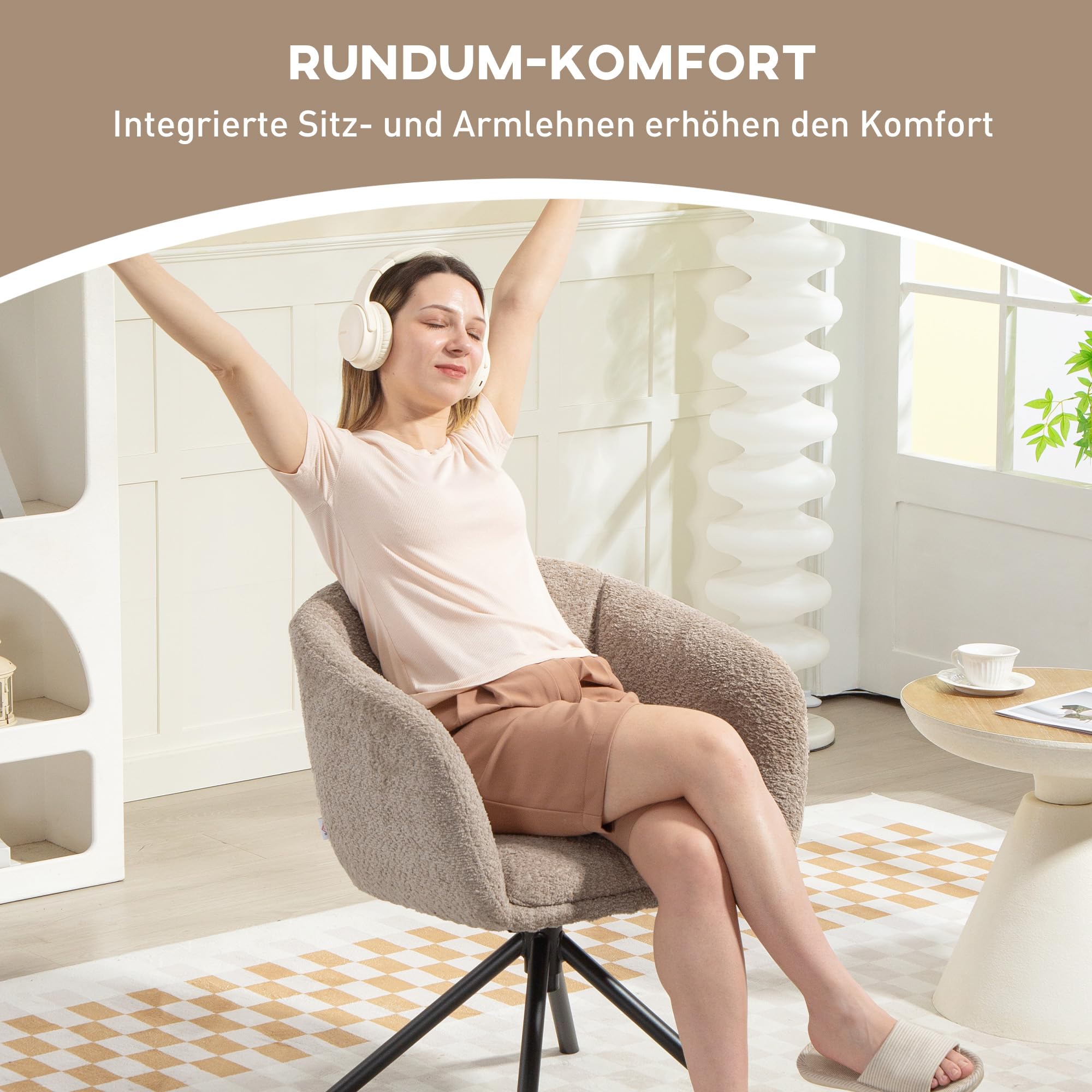 HOMCOM Sessel Wohnzimmer drehbar Loungesessel Relaxsessel mit Metallbeine Lesesessel mit Leinenoptik, Polstersessel für Schlafzimmer Hellbraun