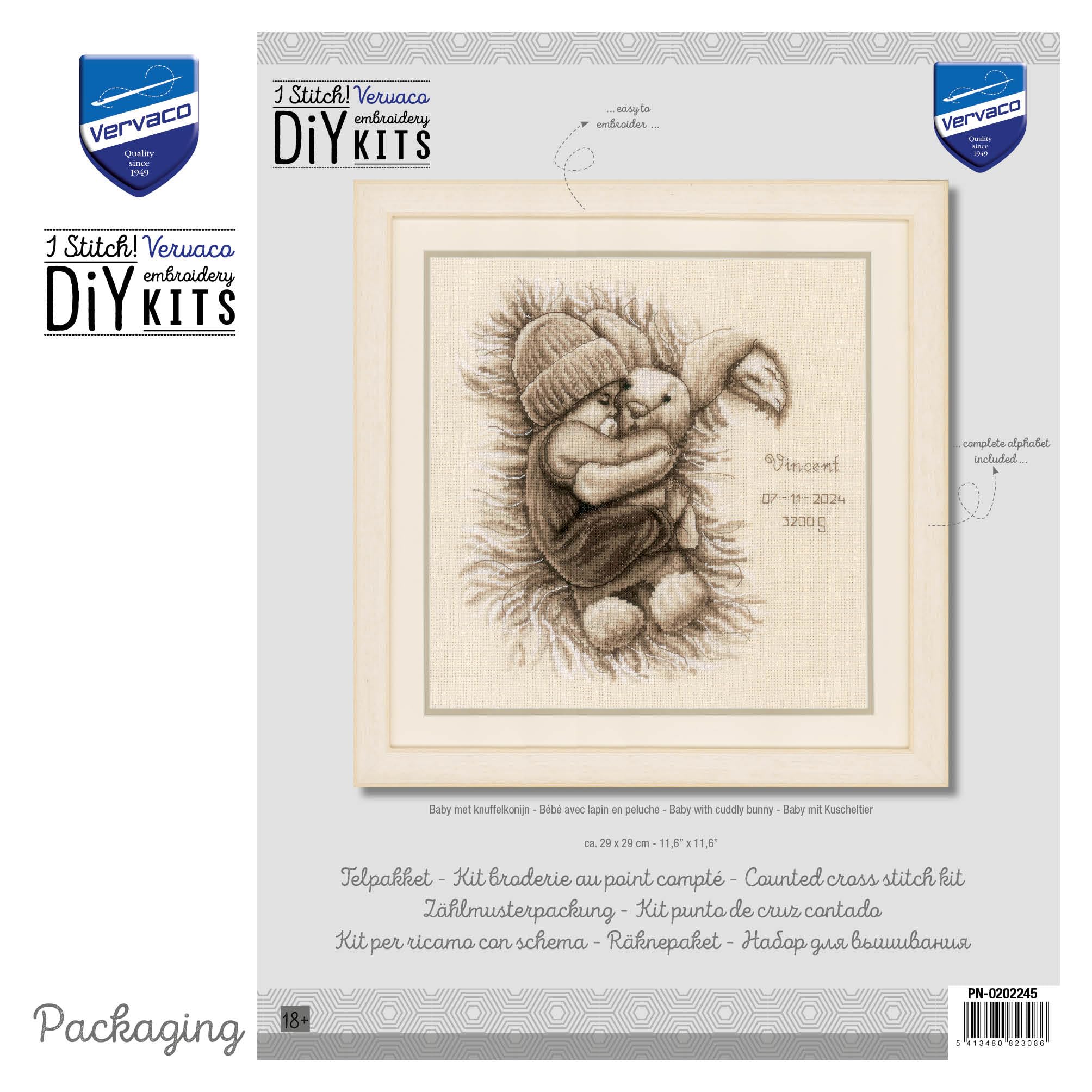 VERVACO Haft Krzyżykowy Liczony Zestaw Metryczka dla Dziecka DZIECKO Z PLUSZOWYM Pamiątka Narodzin Zrób to Sam Zestaw Kreatywny dla Dorosłych 29 x 29 cm Dekoracje Ścienne Pokój Dziecka Cross Stitch