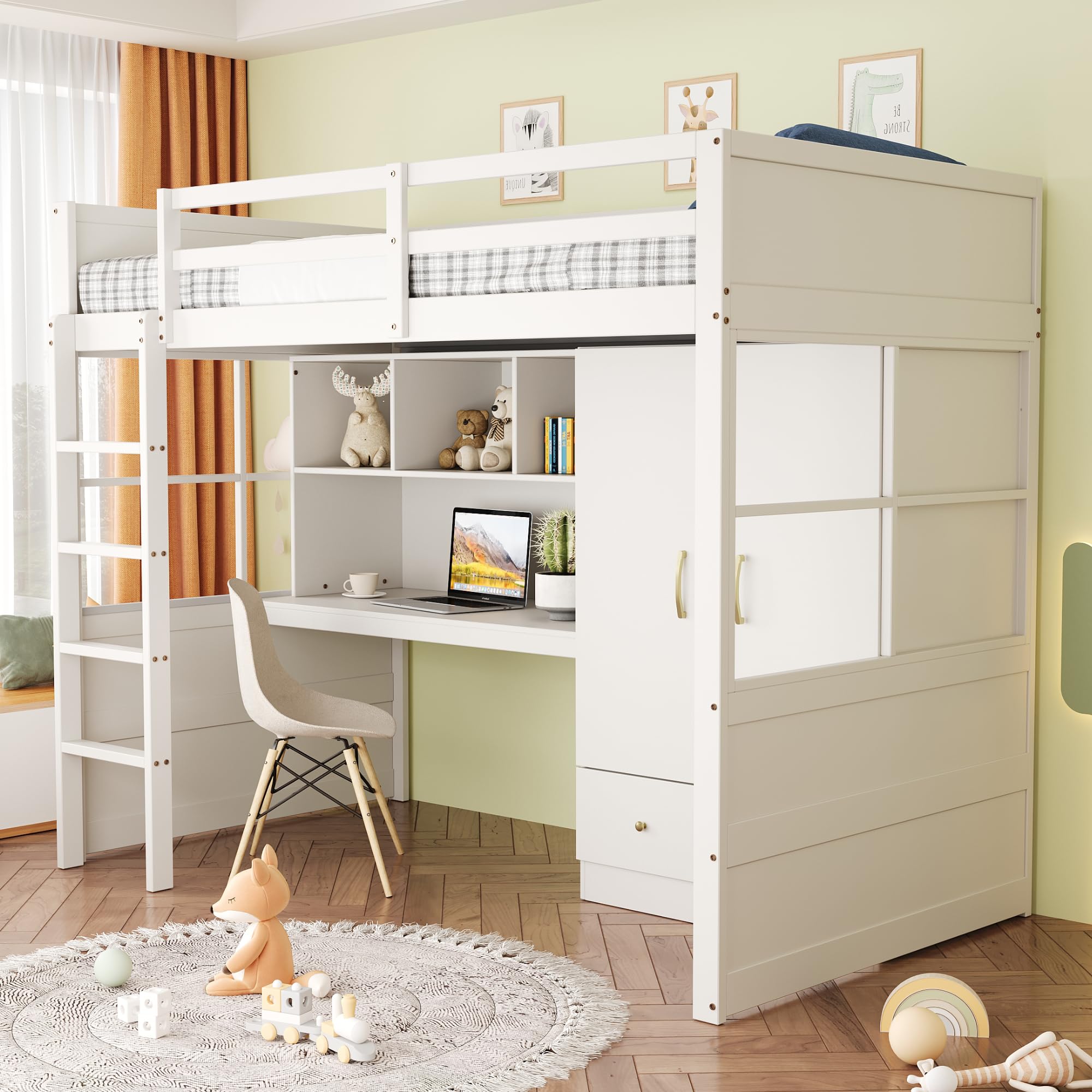 Kinderbett 90x200 cm, Hochbett mit Schreibtisch, Tisch mit Staufach, Kleiderschrank mit 2 Stauschublade, Etagenbett, Jugendbett, Bettgestell mit Lattenrost, Weiß, ohne Matratze