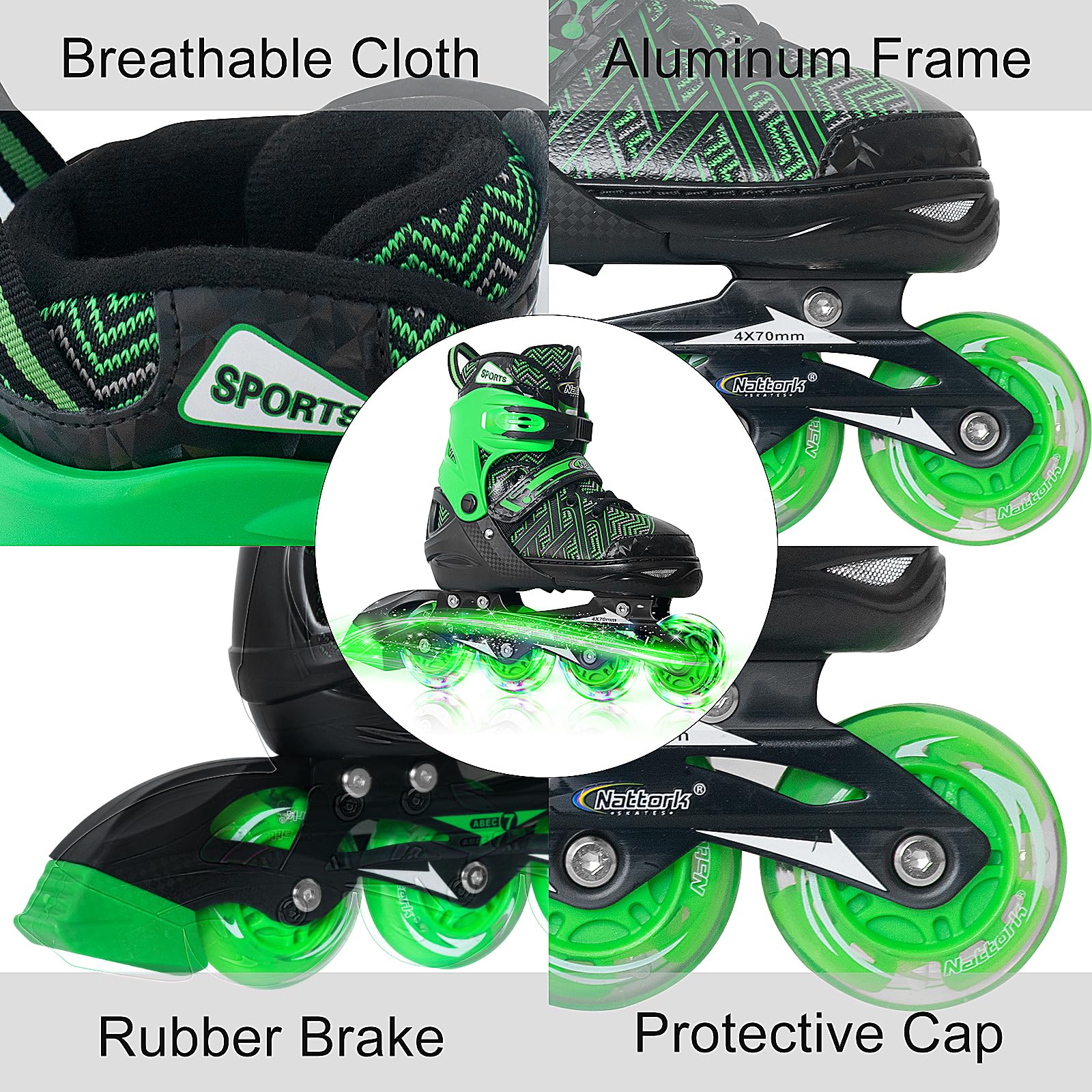 Nattork Patins à roues alignées réglables pour petits garçons avec roues lumineuses – Patins à roulettes vertes pour enfants débutants – Taille 1, 2, 3, 4 ans, 7, 8, 9 et 10 ans
