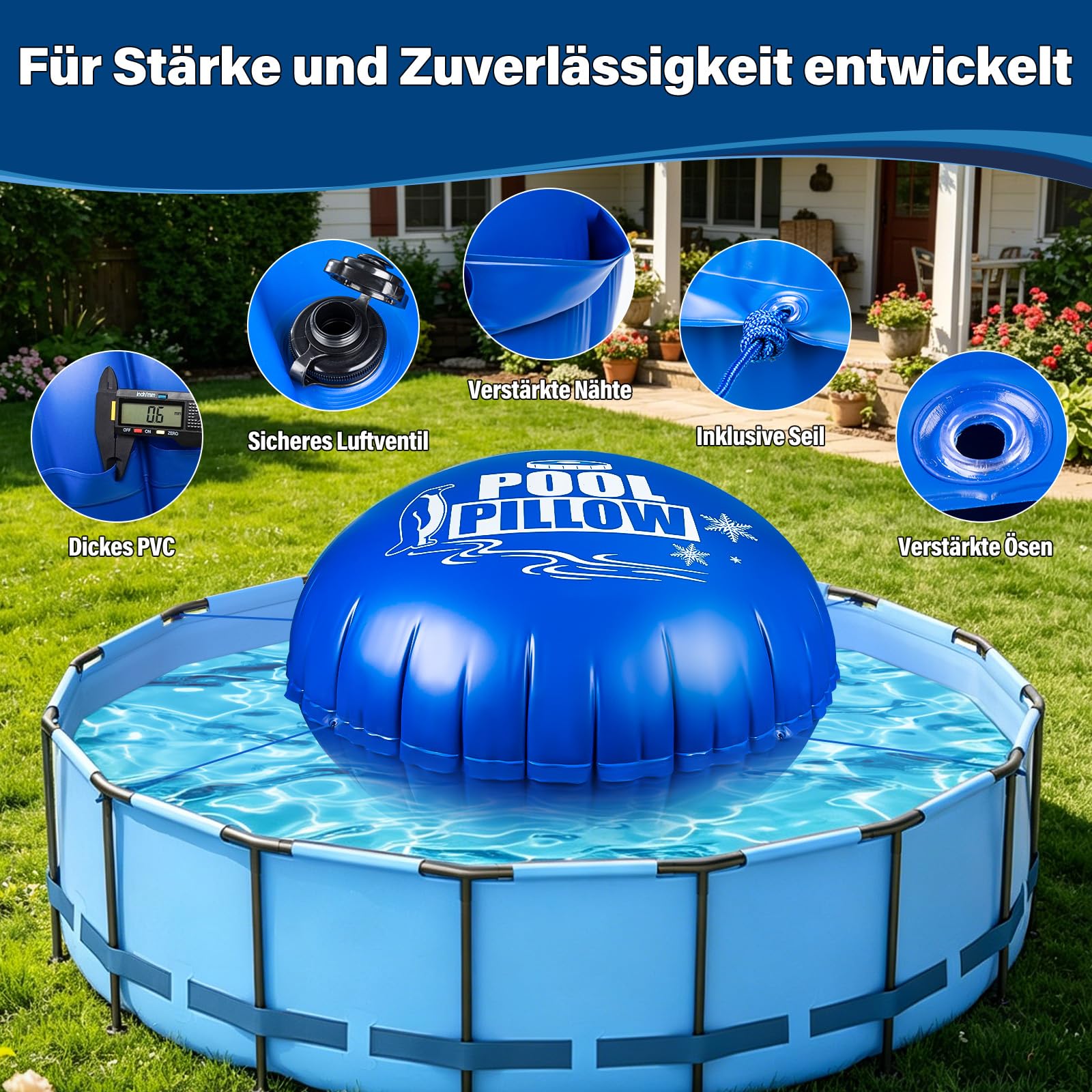 Poolkissen Winter Ø3,6m XXXL Luftkissen für Pool, mit Doppelnaht, 20m Seil, aufblasbares Überwinterungskissen für Poolabdeckung, Zubehör für Frost- und Wetterschutz