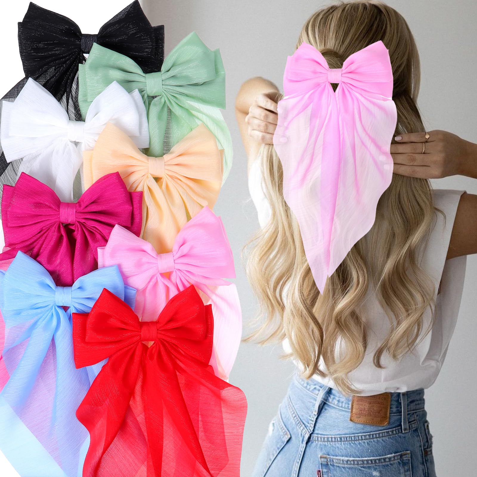Handmade Satin Hair Bows with Long Tails 8 Pack Oversized Clip 8 PCS Hair Bows for Women, Silky Satin Hair Bows with Long  main image 3