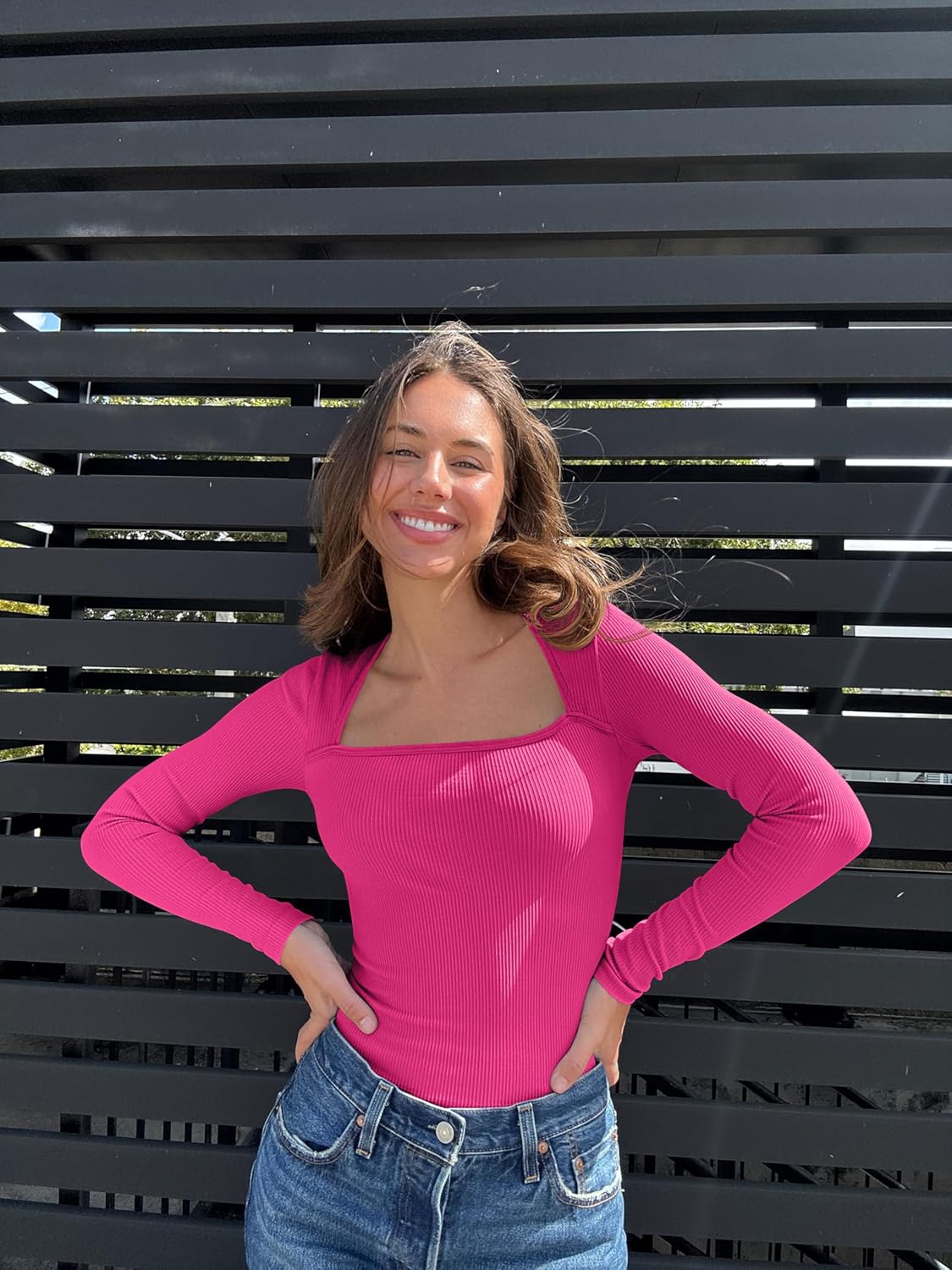 OQQ Women's Bodysuits Sexy Ribbed Square Neck Long Sleeve Tummy Control Casual Fall Bodysuits - Image 5