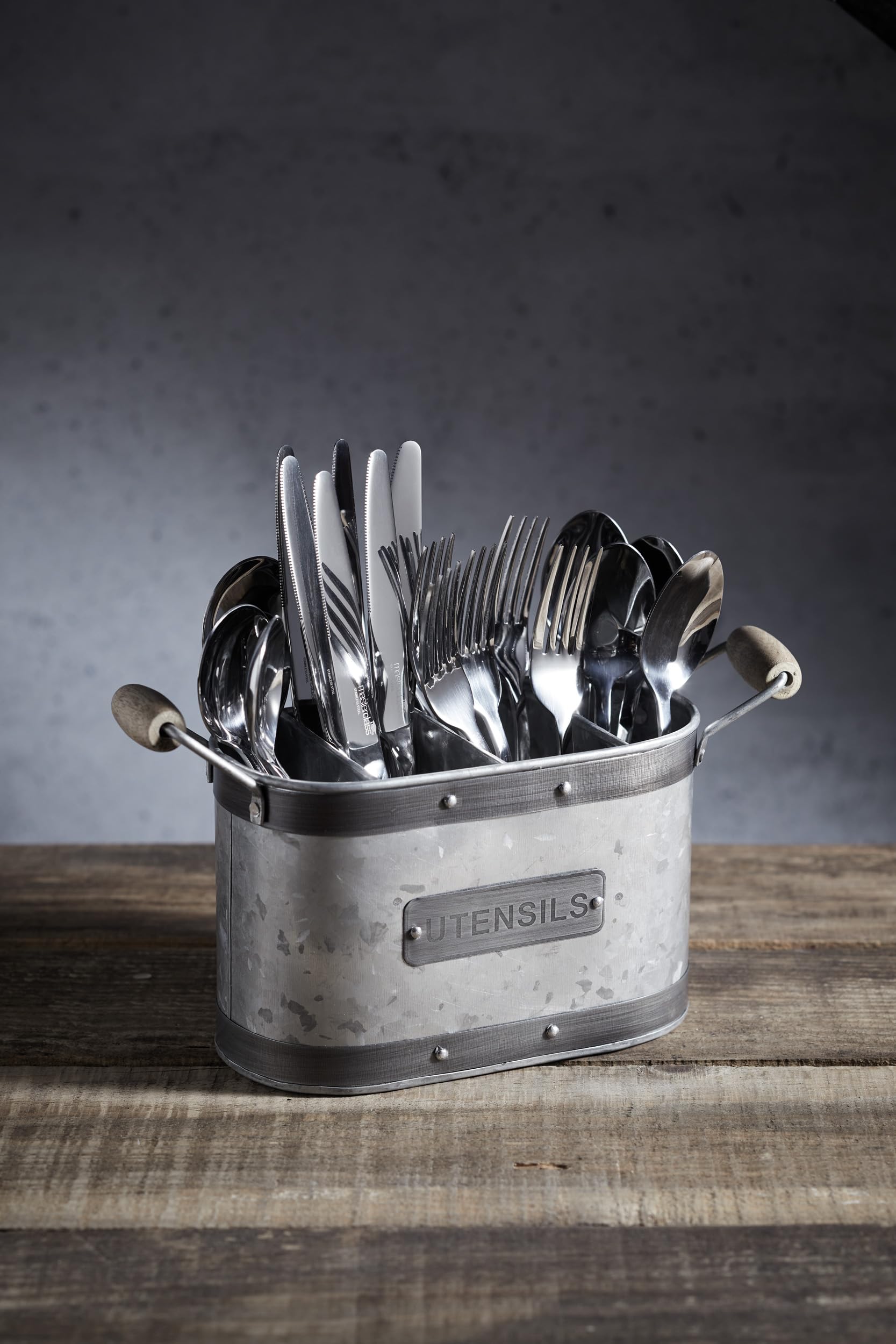 INDUSTRIAL KITCHEN KitchenCraft Porte-Ustensiles Vintage en Métal avec Poignées en Bois, Style Industriel, 27,5 x 11 x 17 cm