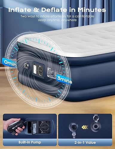 Miniatura 3 de Colchón de aire tamaño individual con bomba elevada incorporada, colchón inflable de 18 pulgadas de alto, colchón inflable eléctrico, cama de