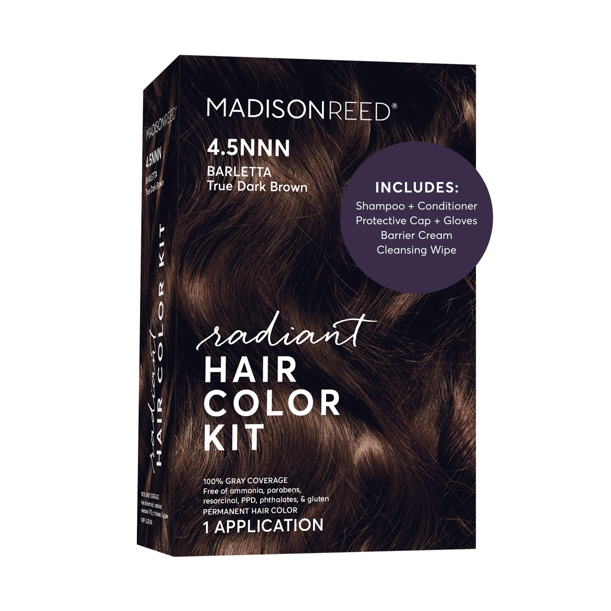 Radiant Hair Color Kit - 4.5NNN Darkest Brown with Warm Tones (Barletta Brown), 100% Gray Hair Coverage Permanent Hair Dye for Resistant Grays | PPD-Free & Ammonia-Free, 1 Pack