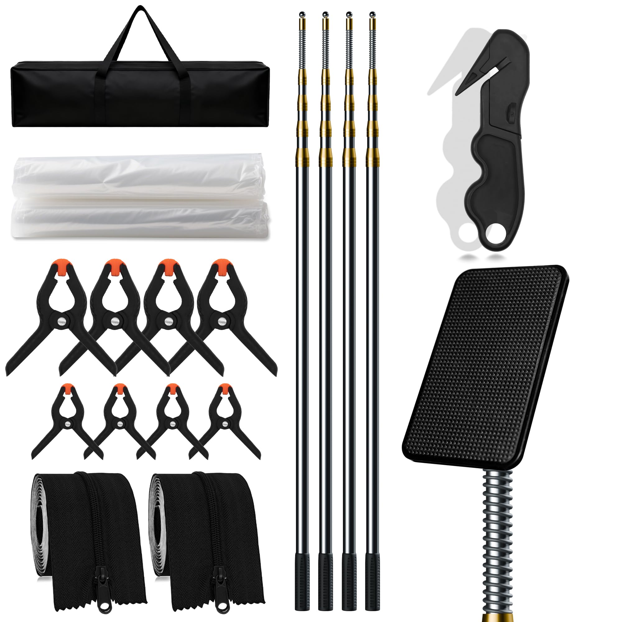 Staubschutzwand mit Reißverschluss – Staubschutztür-Set mit 4 Teleskopstangen (bis 4,8 m/16 FT), 3 mil PE-Folie, 2 selbstklebenden Reißverschlüssen für Baustelle & Renovierung