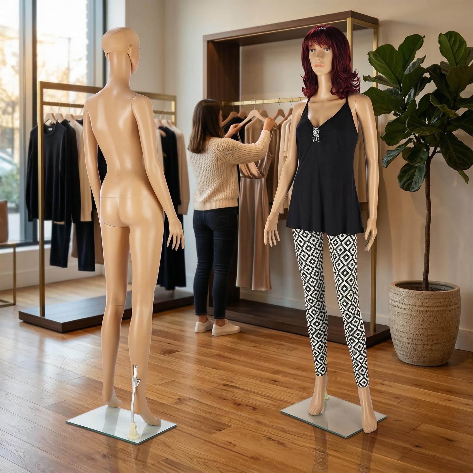 Mucola Schaufensterpuppe Weiblich 175 cm mit Glasfuß – Mannequin Konfektionsgröße 36-38, drehbarer Kopf, abnehmbares Haar | Schneiderpuppe PE-Plastik für Schaufenster, Boutique, Messe und Showroom