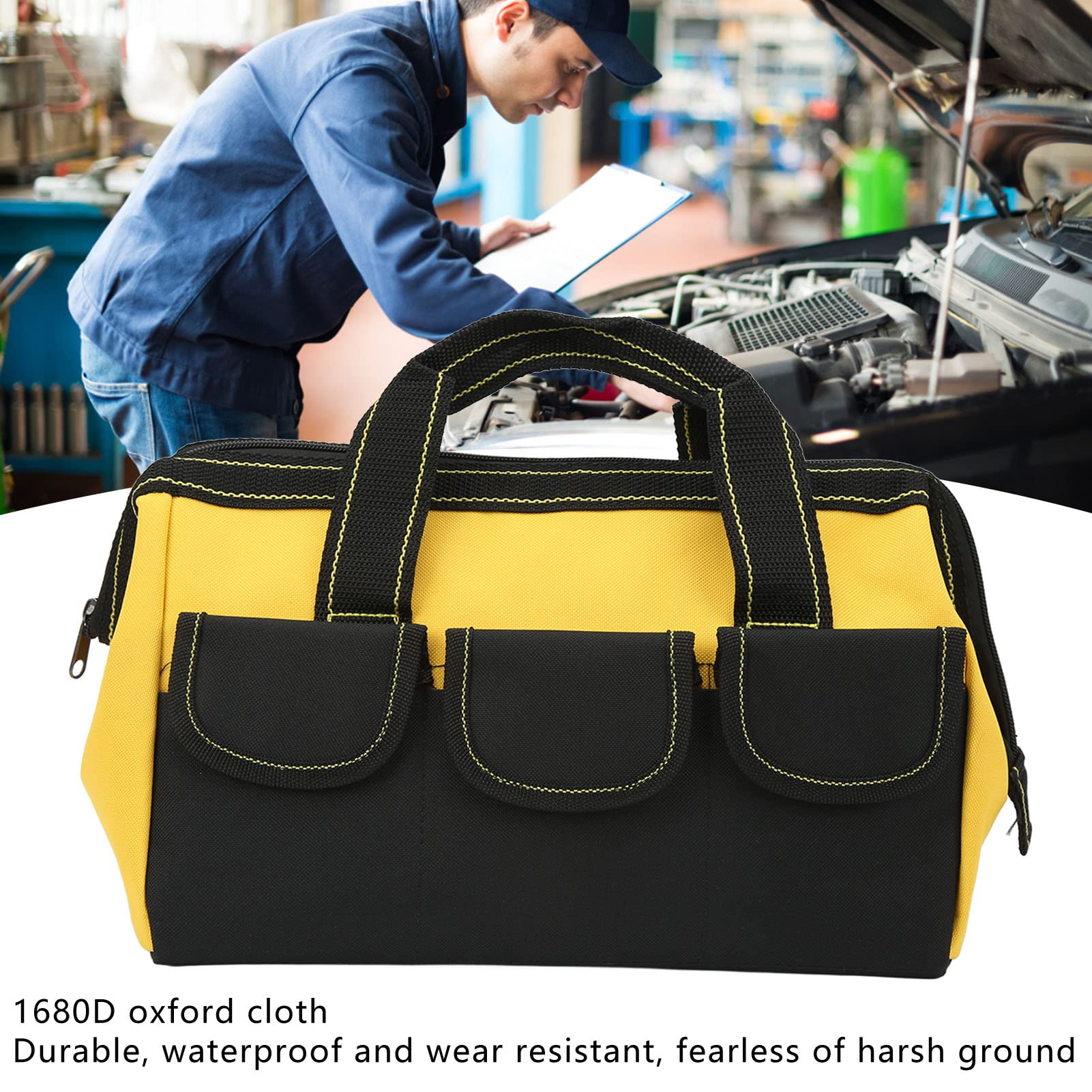 16-Inch Heavy Duty Tool Bag, Wide Mouth Storage Tote, 1680D Oxford Cloth, Multiple Pockets, Yellow, Portable - Image 3