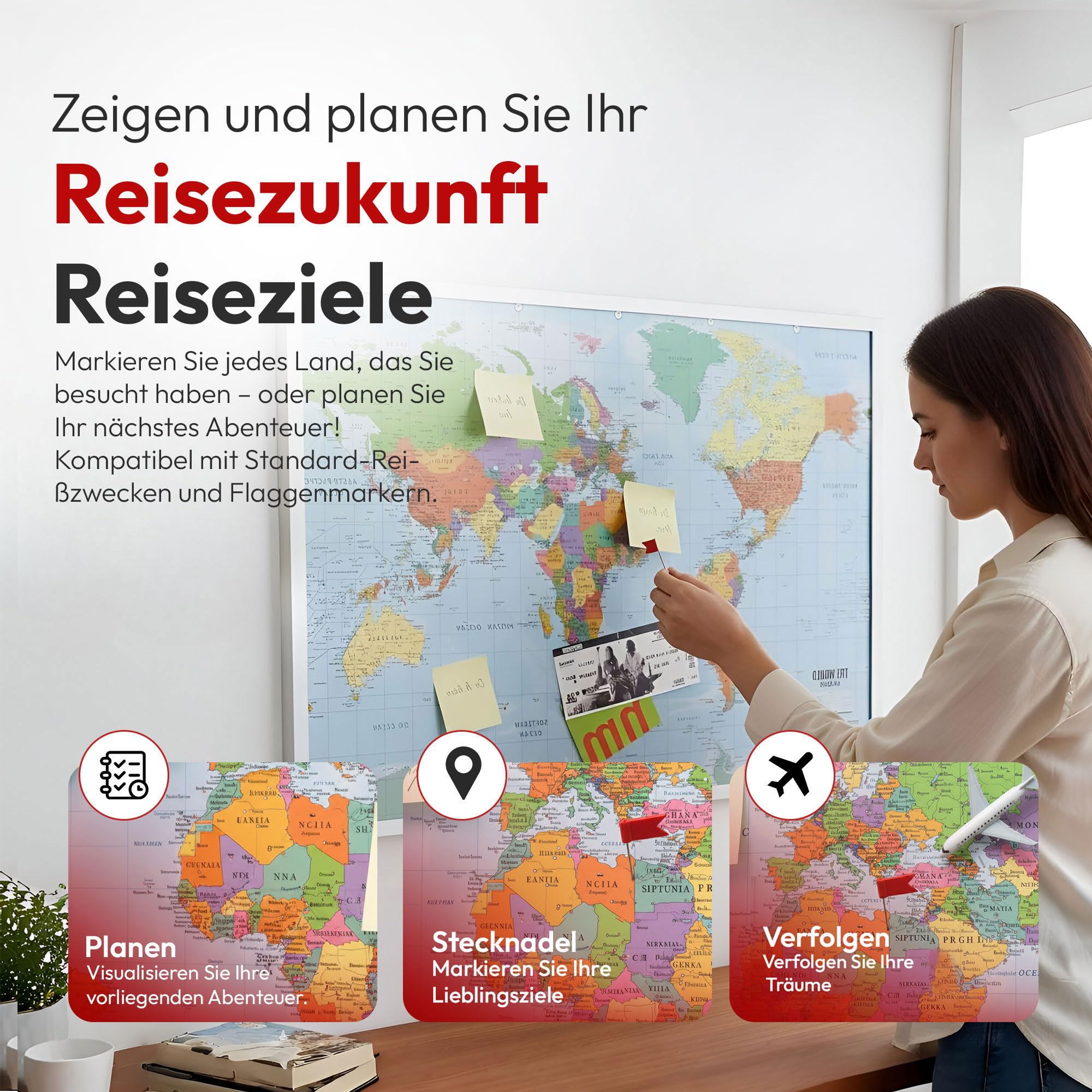 Pinnwand Weltkarte aus Kork mit Rahmen 90x60 cm - Memotafel aus Cork mit 20 Markierungsfähnchen - Weltkartenpinnwand Memoboard XXL