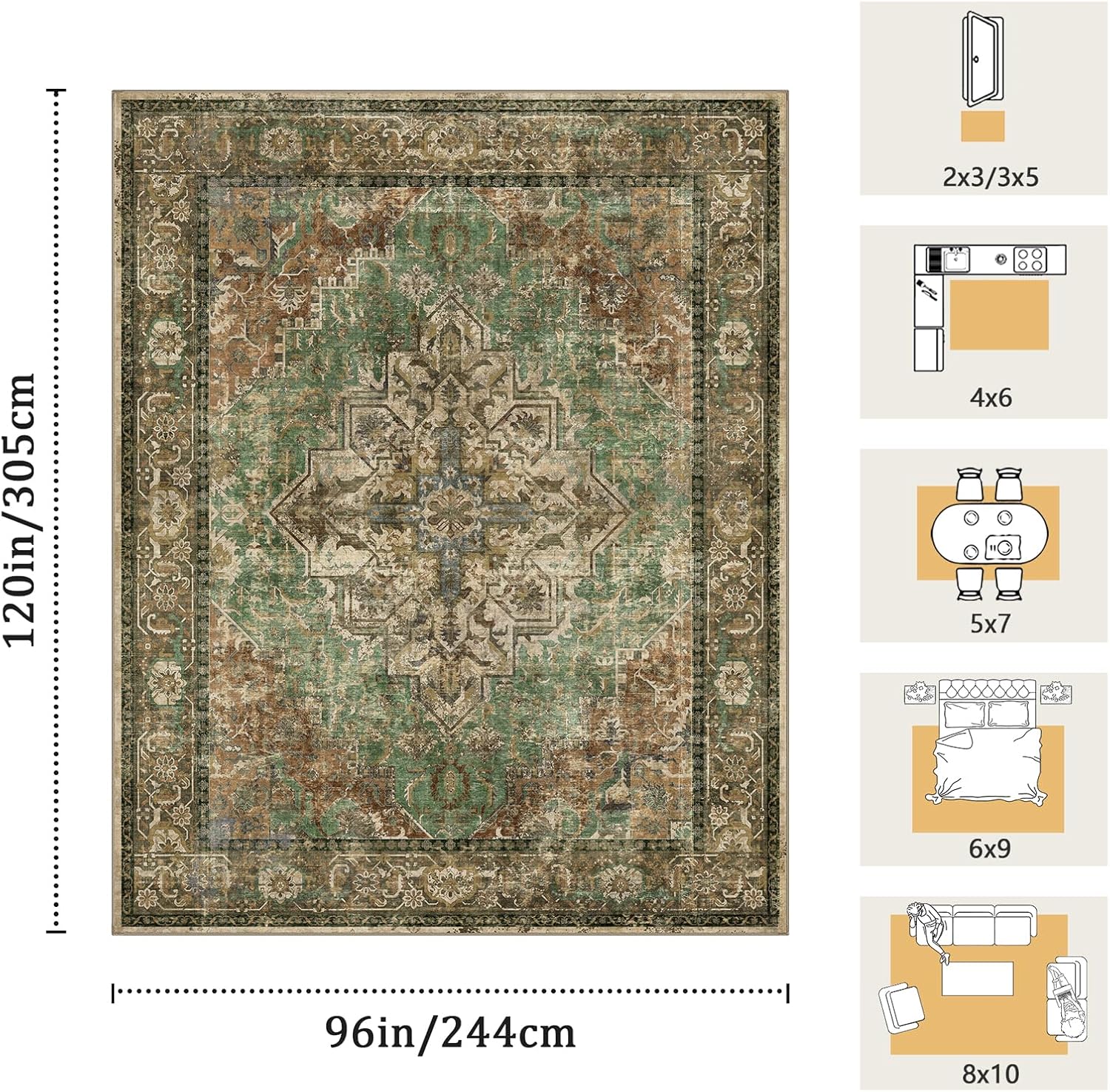 8x10 Machine Washable Area Rug for Living Room, Brown Green Boho Vintage Floral Rug Large Non-Slip Low Pile Soft Faux Wool Carpet, Kids and Pets Friendly for Bedroom Dining Room Farmhouse Decor Rug