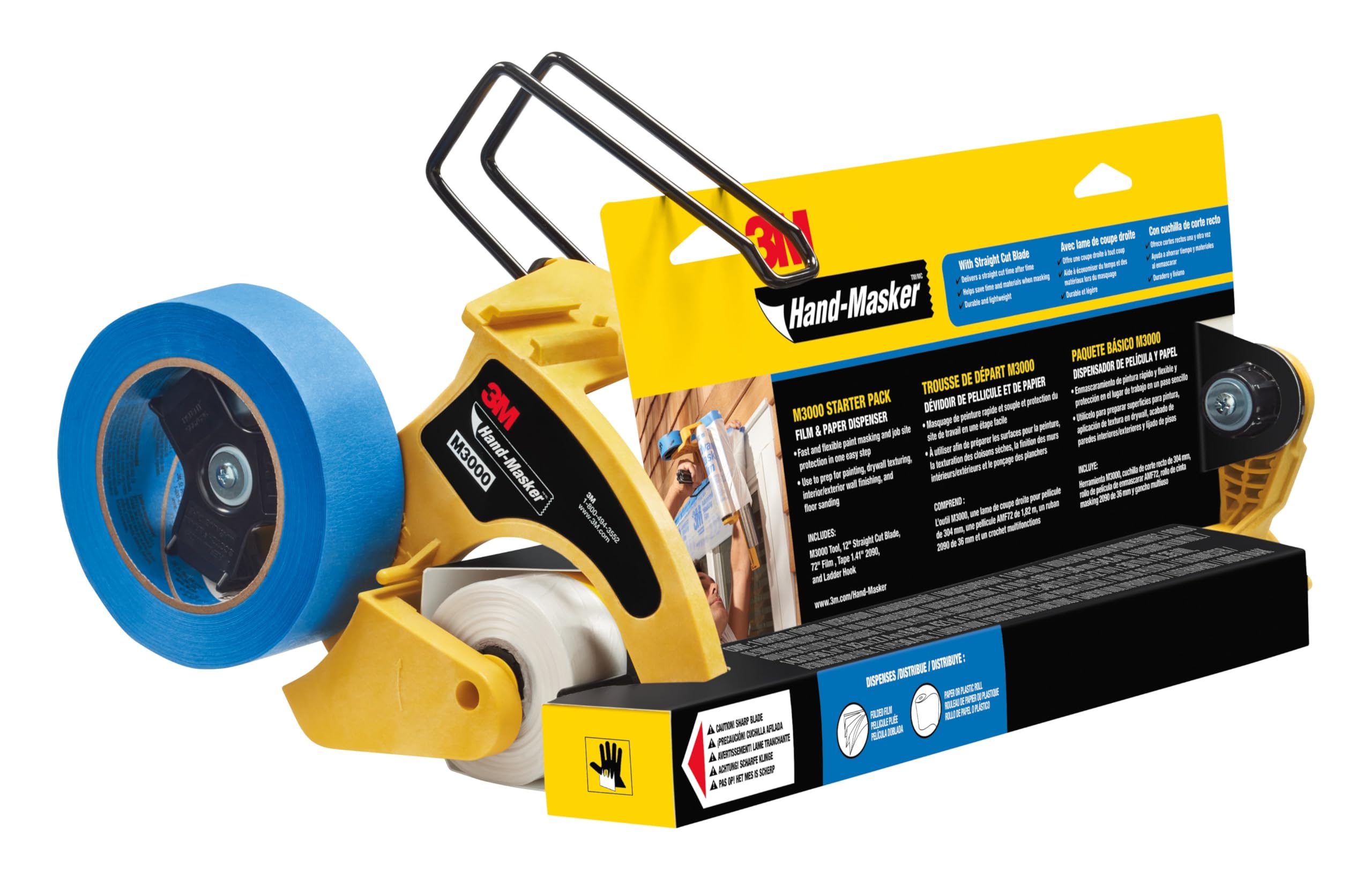 3M Hand-Masker M3000 Kit Film de Masquage et Ruban Adhésif Préassemblés - Parfait pour Fenêtres, Portes, Baignoires et Autres Surfaces - Protection Maximale contre les Éclaboussures de Peinture
