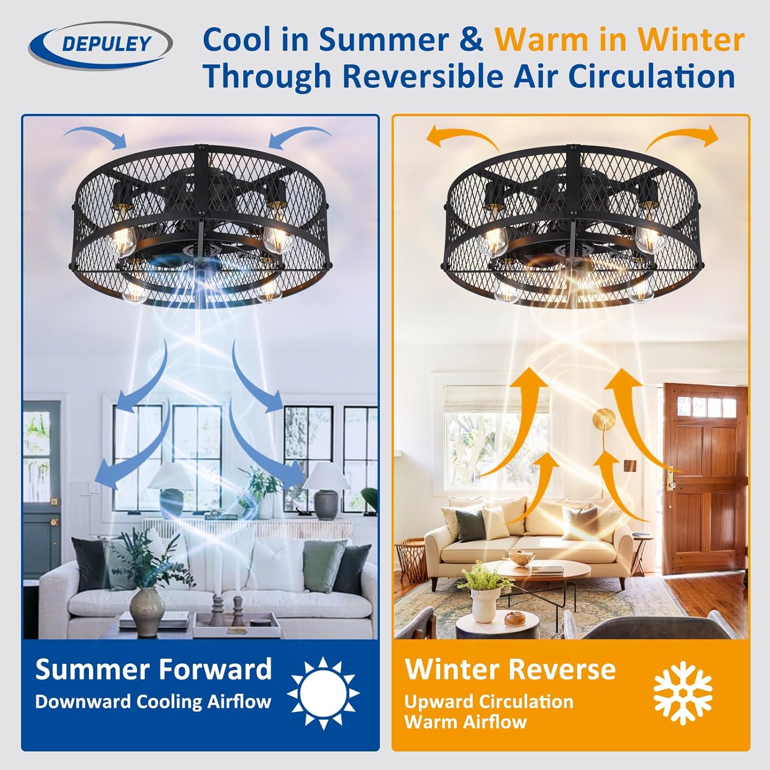 Depuley Flush Mount Ceiling Fan: 20" Caged Ceiling Fans with Lights and Remote App Control for Kitchen Bedroom Farmhouse - Rustic Low Profile Ceiling Fandelier Lights Reversible 6 Speed Timer Black