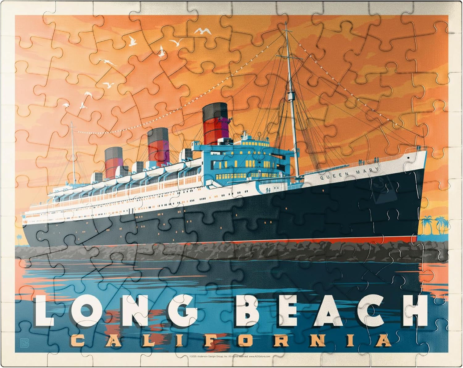 MyPuzzle Long Beach, CA: Queen Mary, Vintage Poster - Premium 100 Piece Jigsaw Puzzle for Adults