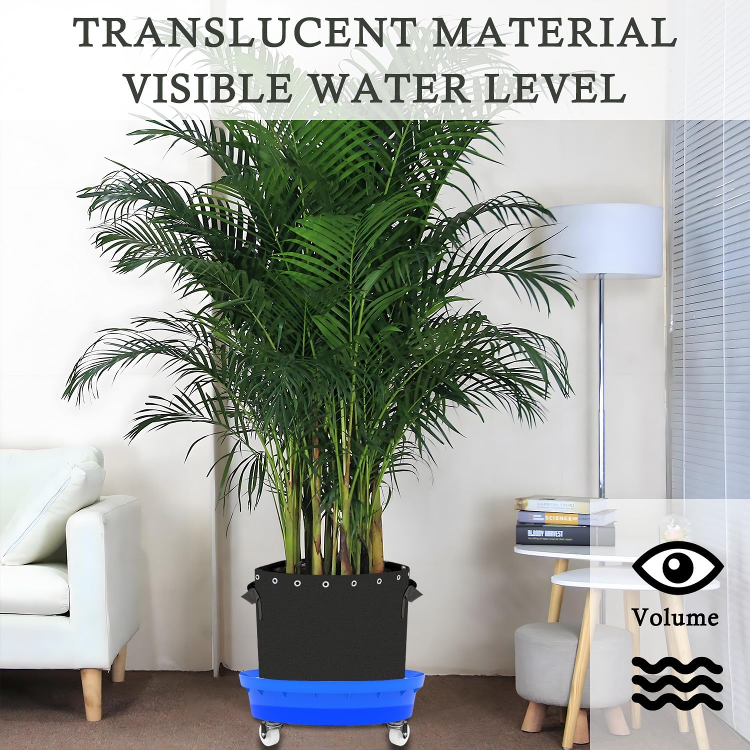 5 Packs Transparent Blue self-Watering Base with Visible Water Levels. and 5 Packs 3 Gallon Fabric pots.