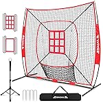 BAGAIL 7x7 ft Baseball & Softball Practice Net with Bow Frame for Batting, Hitting, Pitching, Portable Backstop Training Equipment with 2 Strike Zone, Tee, Carry Bag, Great for All Levels