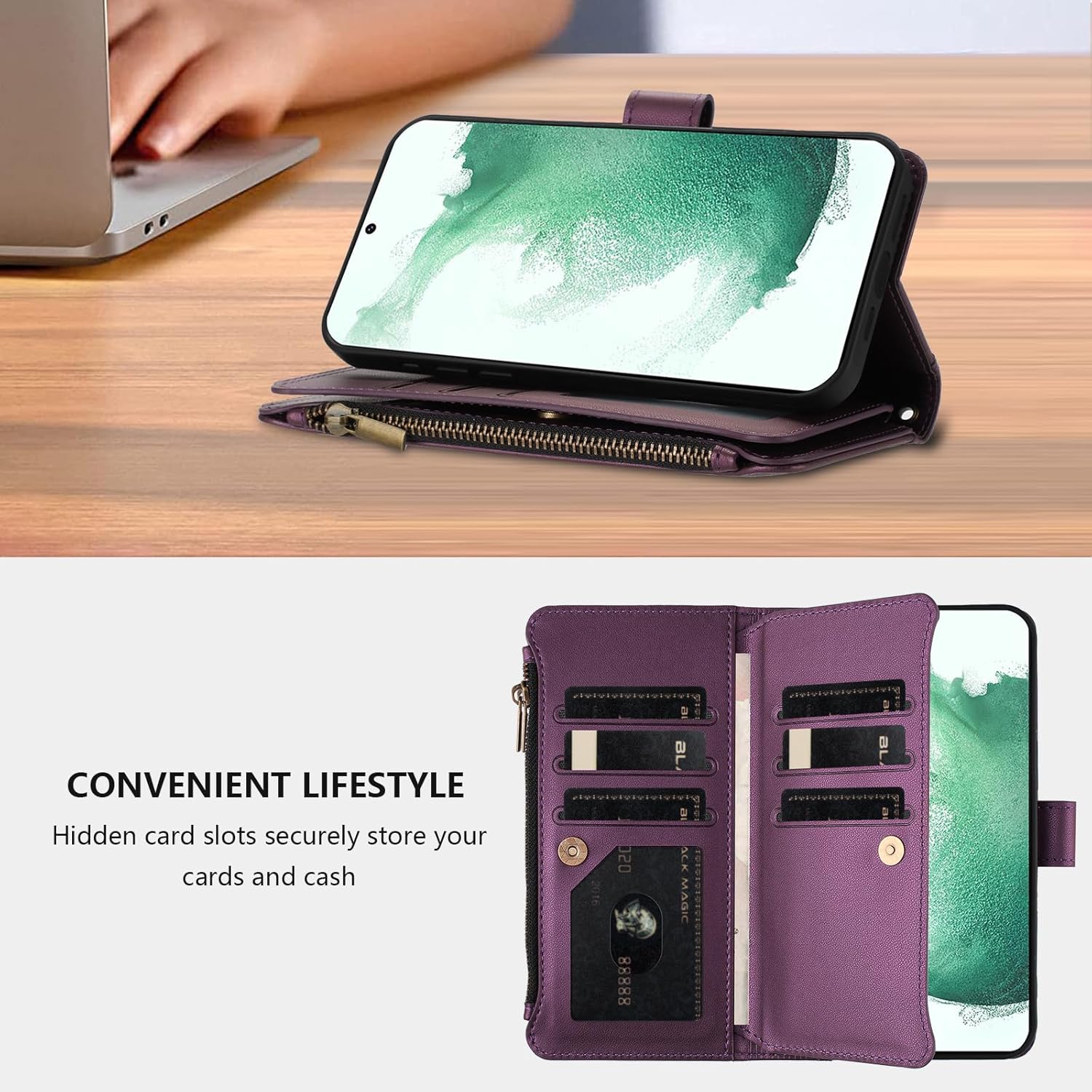 Asuwish Phone Case for Samsung Galaxy S22 Plus S22+ 5G Wallet Cover with Tempered Glass Screen Protector Crossbody Leather Flip Zipper Credit Card Holder Cell S22+5G S22plus 22S + S 22 22+ Men Purple - Image 7