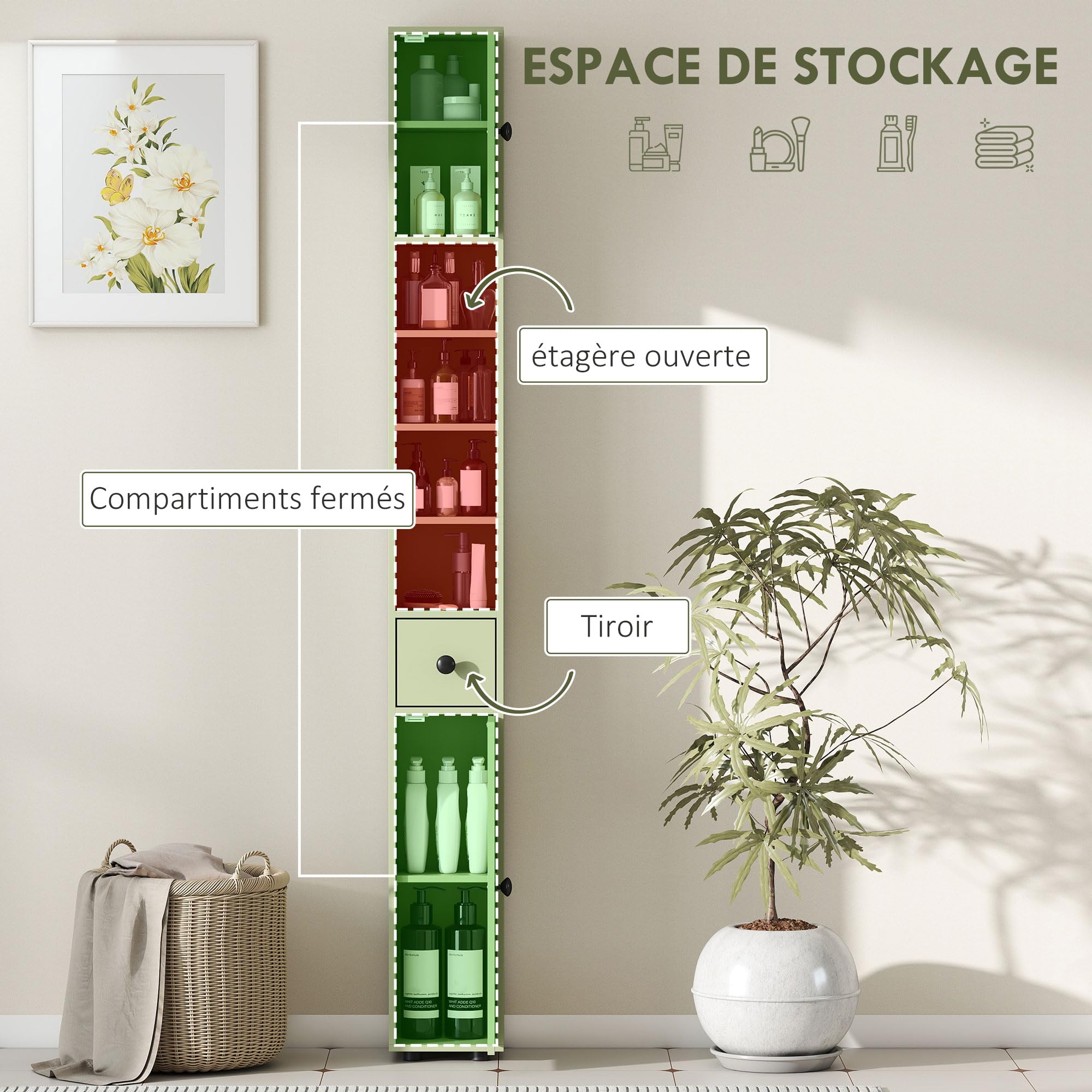 kleankin Armario de baño Alto 180cm, Delgado, 4 estantes Abiertos, Verde