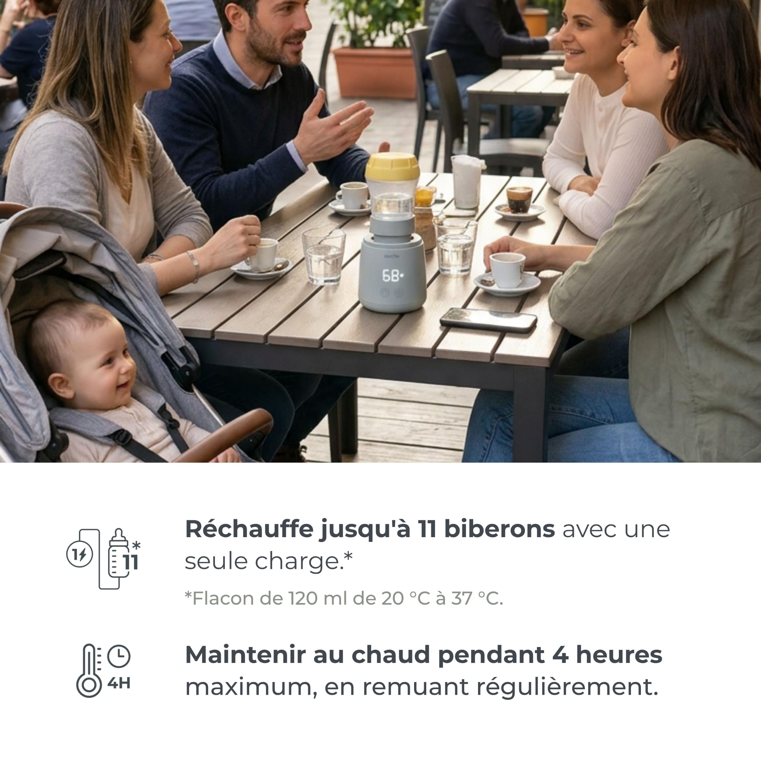 Nuvita 1164 Mix70 Chauffe-biberon Portable avec Fonction de Mélange, 5 Températures jusqu’à 70°C, Universel avec 6 Adaptateurs Inclus, Batterie Rechargeable, Écran LED, Sans BPA