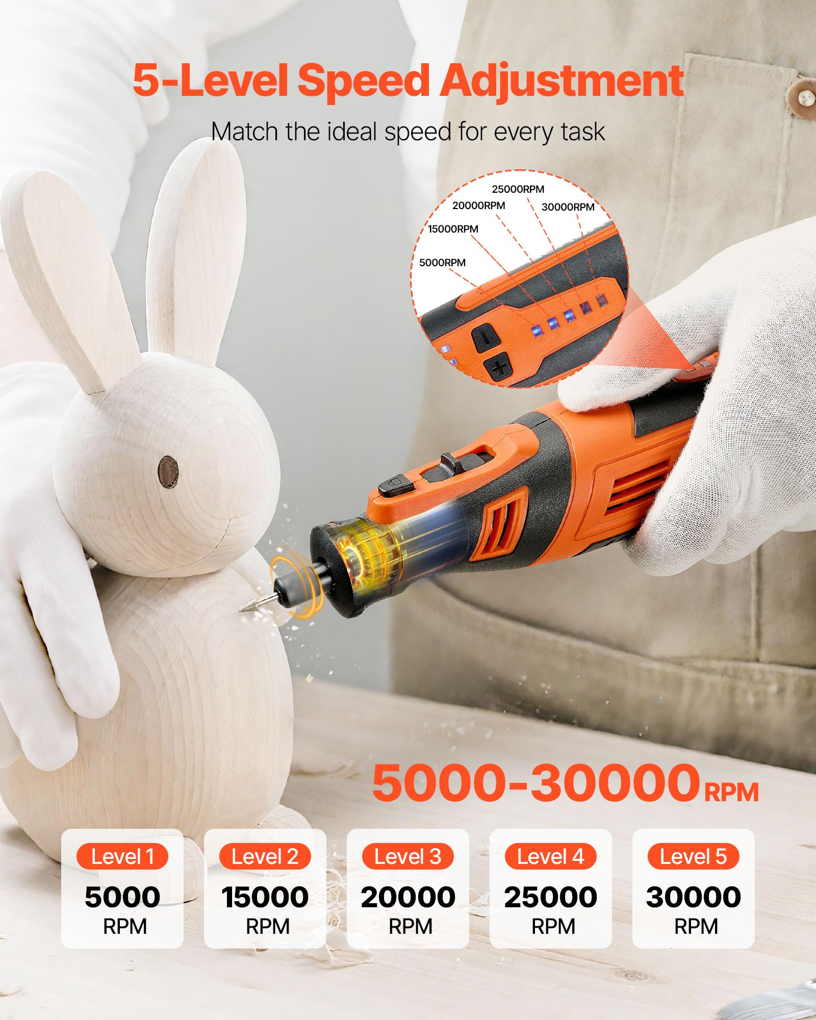 VEVOR Kit de Herramientas Rotativas Inalámbricas, 136 Piezas, Portátil, 8 V CC, 5 Velocidades de 5000-30 000 RPM, para Grabar, Lijar, Pulir, Tallar, Amolar, Cortar y Bricolaje, 225 x 50 x 50 mm