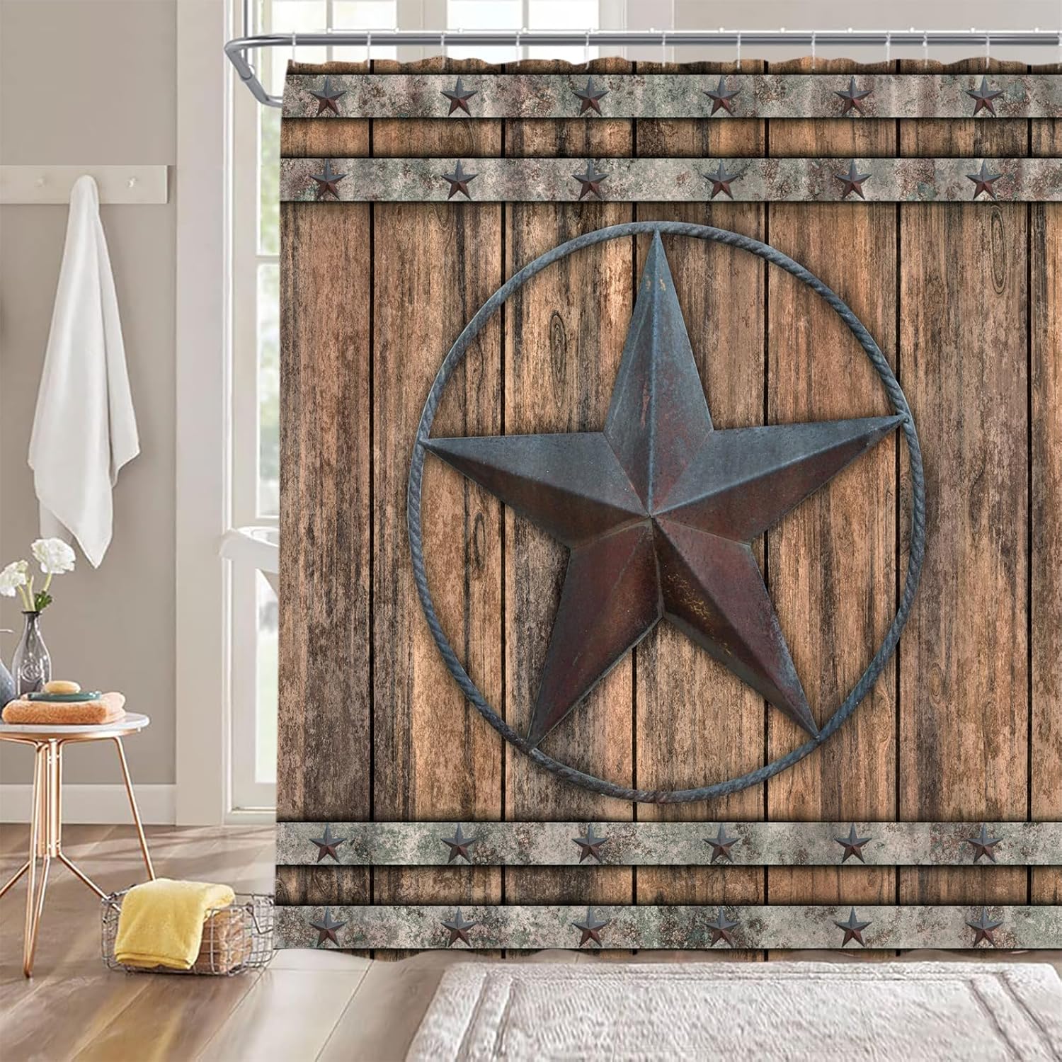 Rustic Wooden Board Extra Long Shower Curtain for Bathroom Decor,Texas Star Barn Door Western Farmhouse Rusty Star Retro Country Primitive Brown Fabric Curtain with Hooks,70x96 Inch