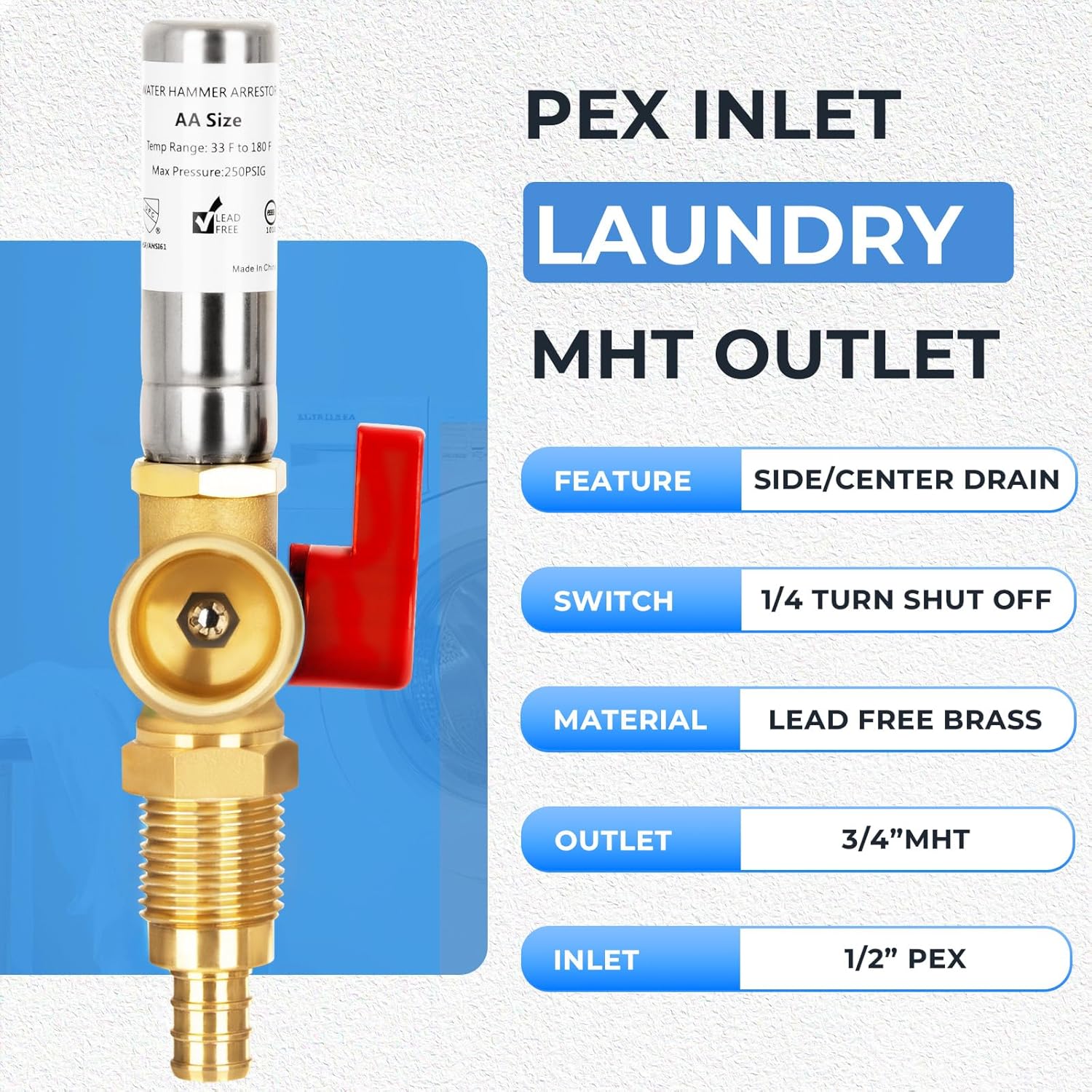 Washing Machine Outlet Box with Stainless Steel Water Hammer Arrestor and Center Drain, 1/2 Inch Crimp PEX Inlet x 3/4 Inch MHT Outlet, Laundry Outlet Connection Boxes, Absorb Shock and Reduce Noise