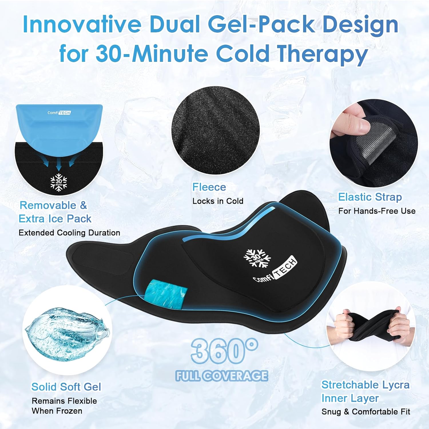 ComfiTECH Dual-Gel Neck Ice Pack Wrap with Extended 30-Minute Cooling, Detachable Cold Pack & Flexible Gel Cervical Ice Wrap for Swelling, Sprains, Stiff Neck, Post-Workout Recovery, Medium, 2 Packs