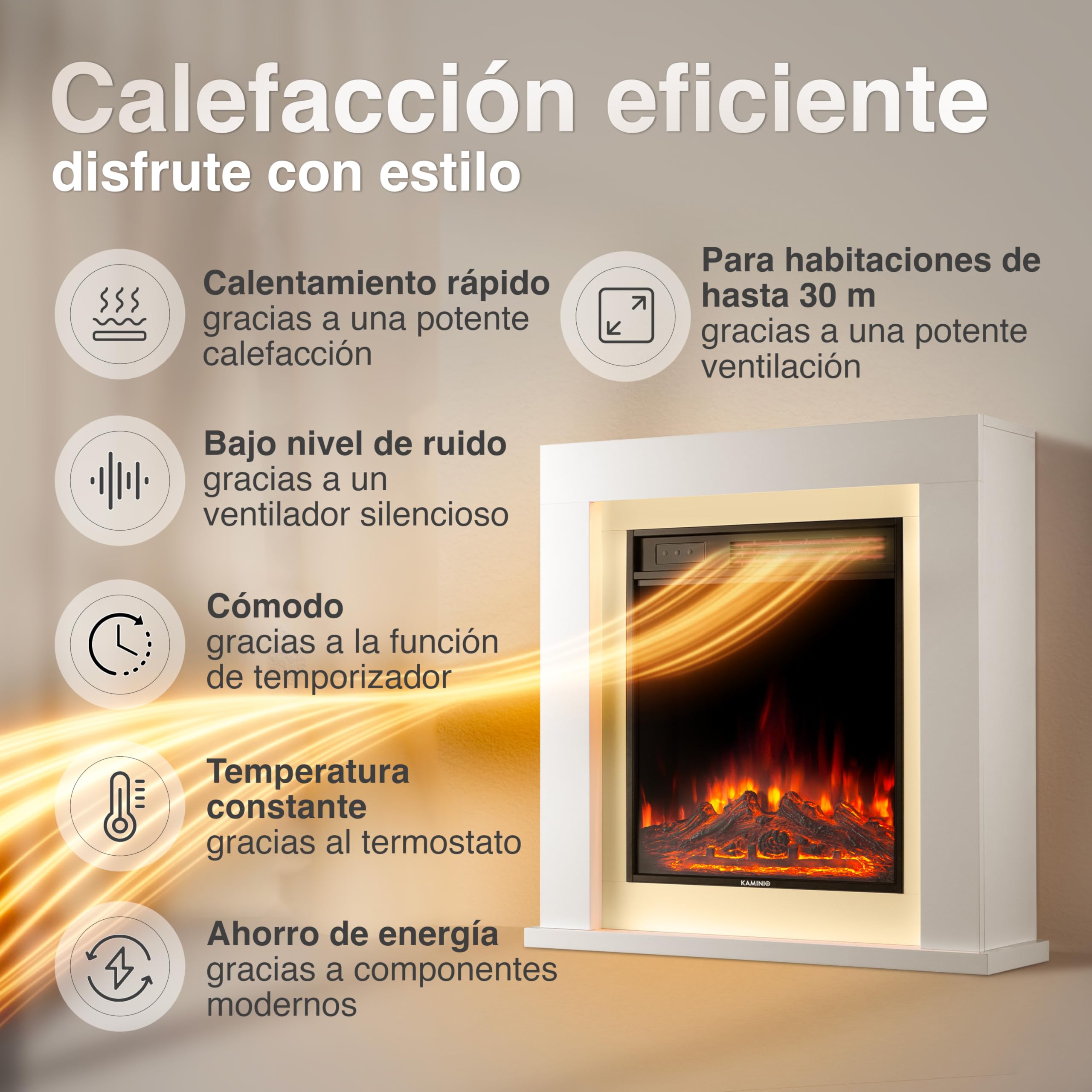 KAMINIO Chimenea eléctrica Matti - Chimenea eléctrica de pie con calefacción, Efecto de Llama 3D, Luz Ambiental LED, Control Remoto - 32 Pulgadas (Blanco)