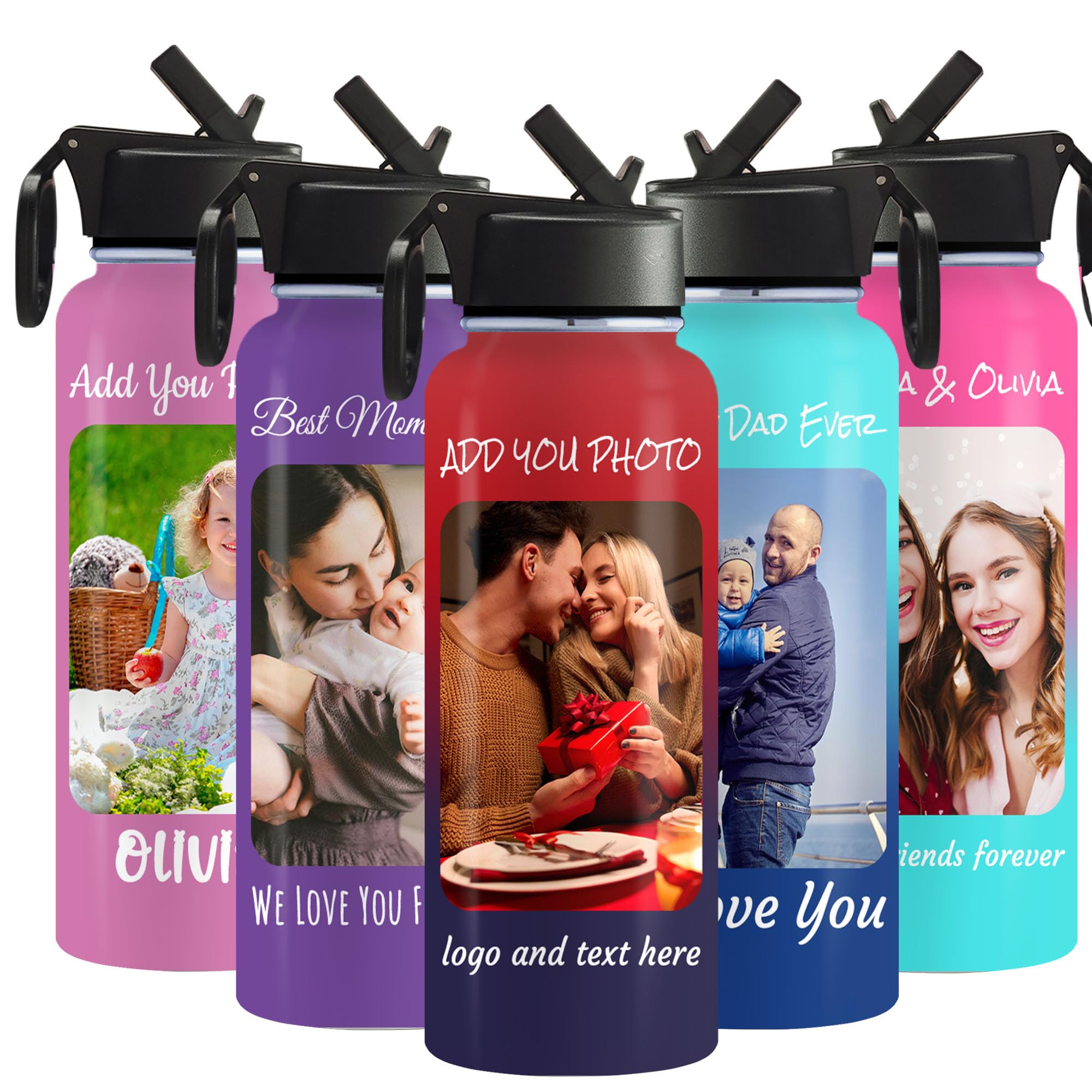 Personalized Water Bottle with Pictures Text Name Custom Photo Insulated Water Bottle with Straw 18oz 32oz Stainless Steel Sport Waterbottle