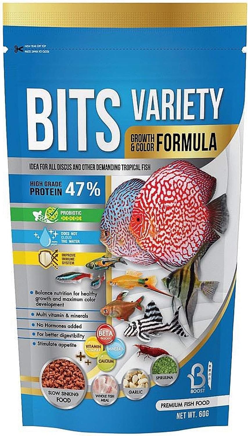 A.D.P. Fish Booster Bits Variety All Discus & Tropical Fish Food Mini Slow Sinking Pellets Grow Faster & Color Enhancing High Protein…
