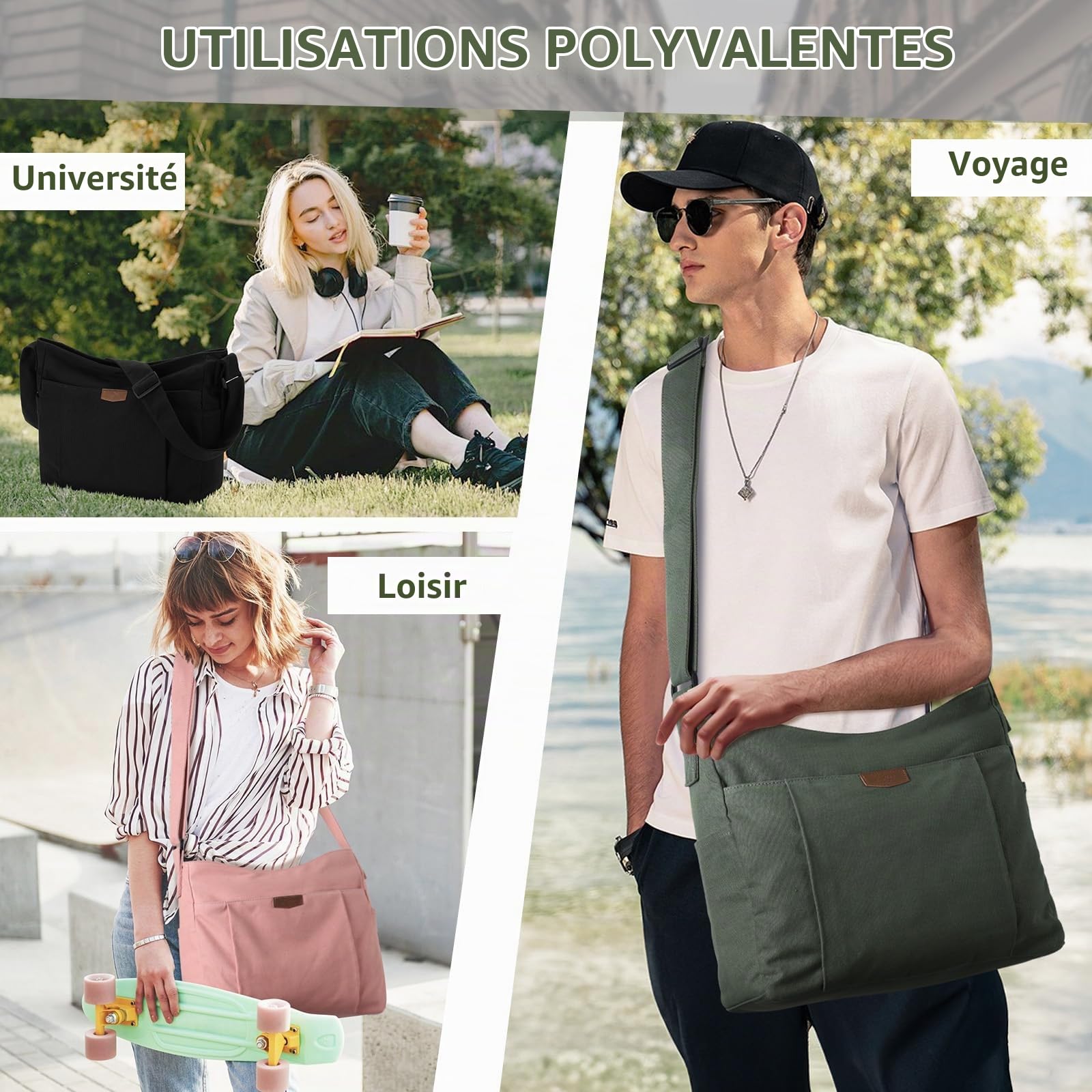 Sac Bandoulière Homme Femme, Multi-poches Léger Sac à Main Femme Bandoulière en Toile 14 Pouces Sac Besace Sacoche Cartable avec Poches latérales pour Travail École Voyage