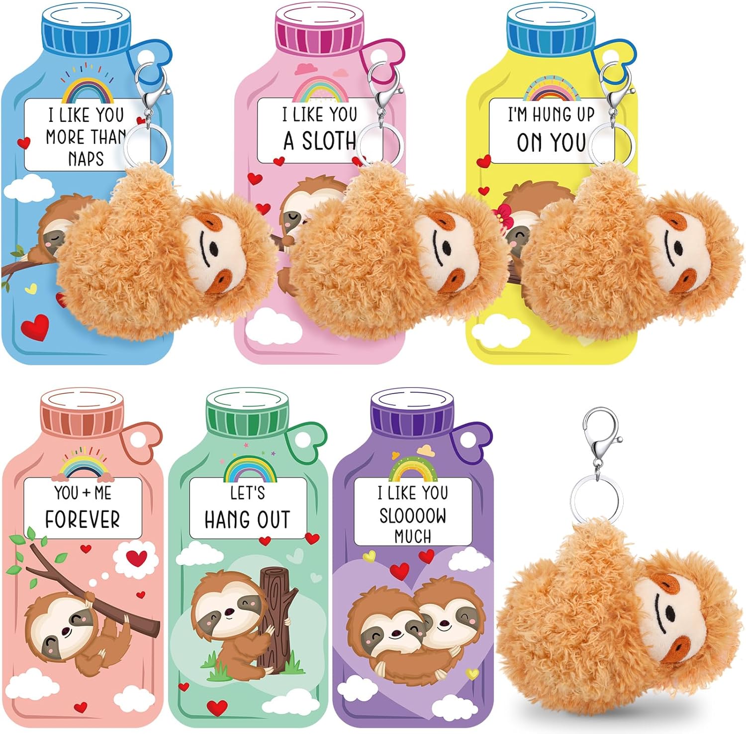 Kigeli 24 Pcs Valentines Day Gifts with Sloth Keychain and Water Bottle Sloth Cards Valentine's Day Cards Keychains Gift Set for Friends Family Party Exchange Prize