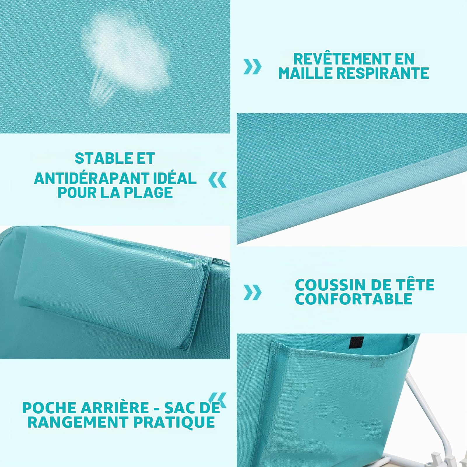 Lot de 2 Tapis de Plage, Bain de Soleil, Chaise Longue, Transat de Plage, avec Appui-tête - Bandoulières - Dossier Réglable 5 Positions, pour Camping, Jardin, Piscine, 160 x 52 cm, Bleu Lac