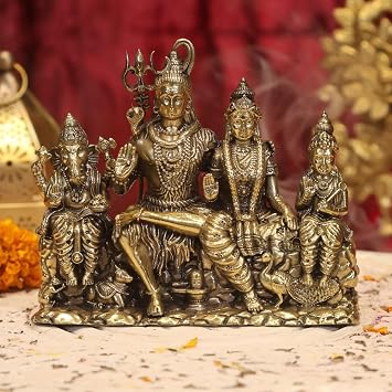Premium Brass Shiv Parivar Statue, 13 CM Brass Shiva Family with mata parvati, ganesha, kartikeya and nandi, shivling , Shiv Family Idol, Shiva Parvati Moorthy, Shiva Shakti for Home Temple Pooja Idol