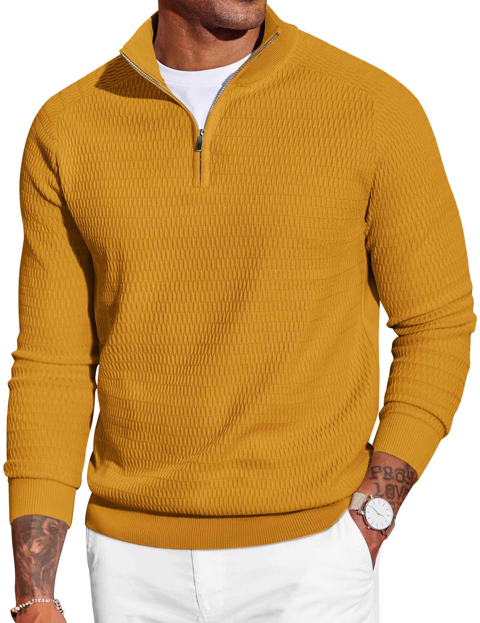 coofandy Men's Quarter Zip Sweater Slim Fit Lightweight Mock Neck Pullover Knit Texture Polo Sweaters-picture-49