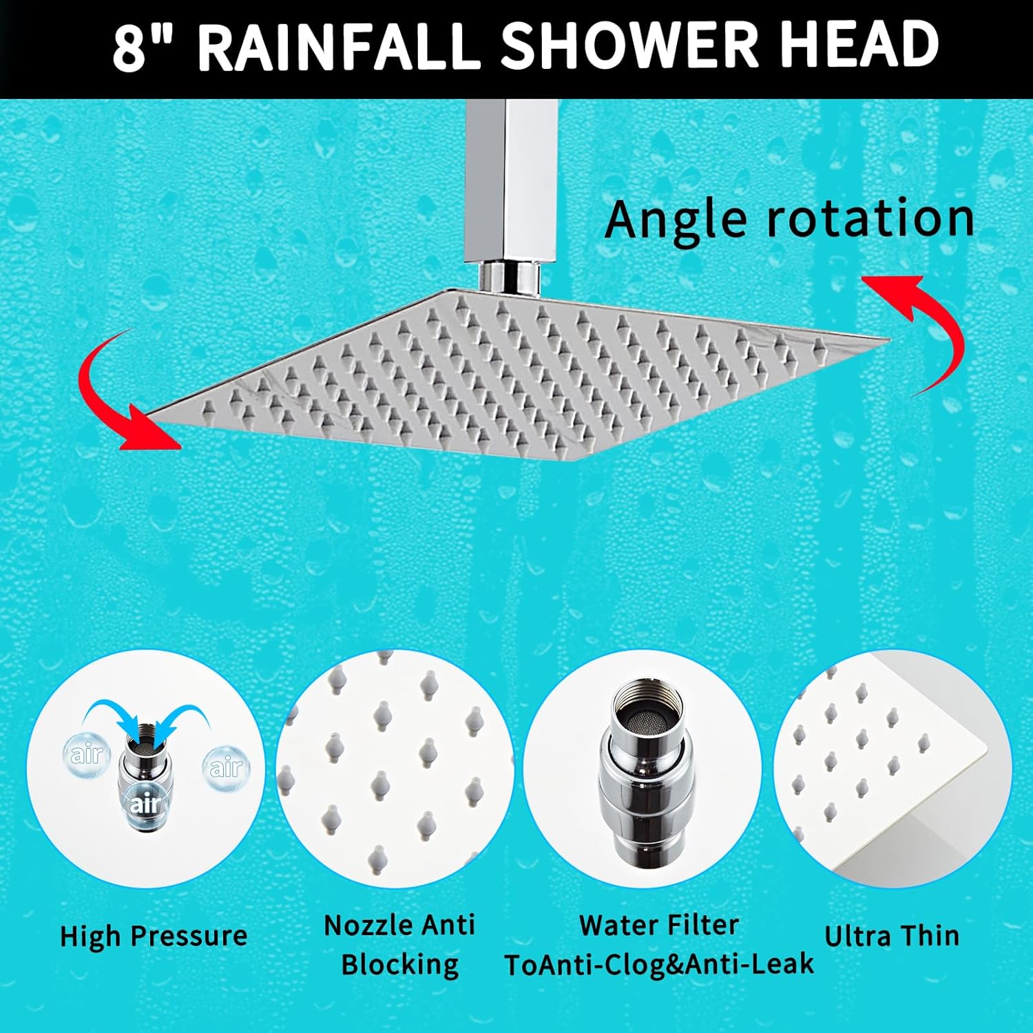 8 Inch Shower Faucet Set, Ceiling Mounted Rainfall Shower System with High Pressure Handheld Shower Head, Bathroom Mixer Rough-in Valve and Trim Shower Kit, Polished Chrome, with Tub Spout - Image 5
