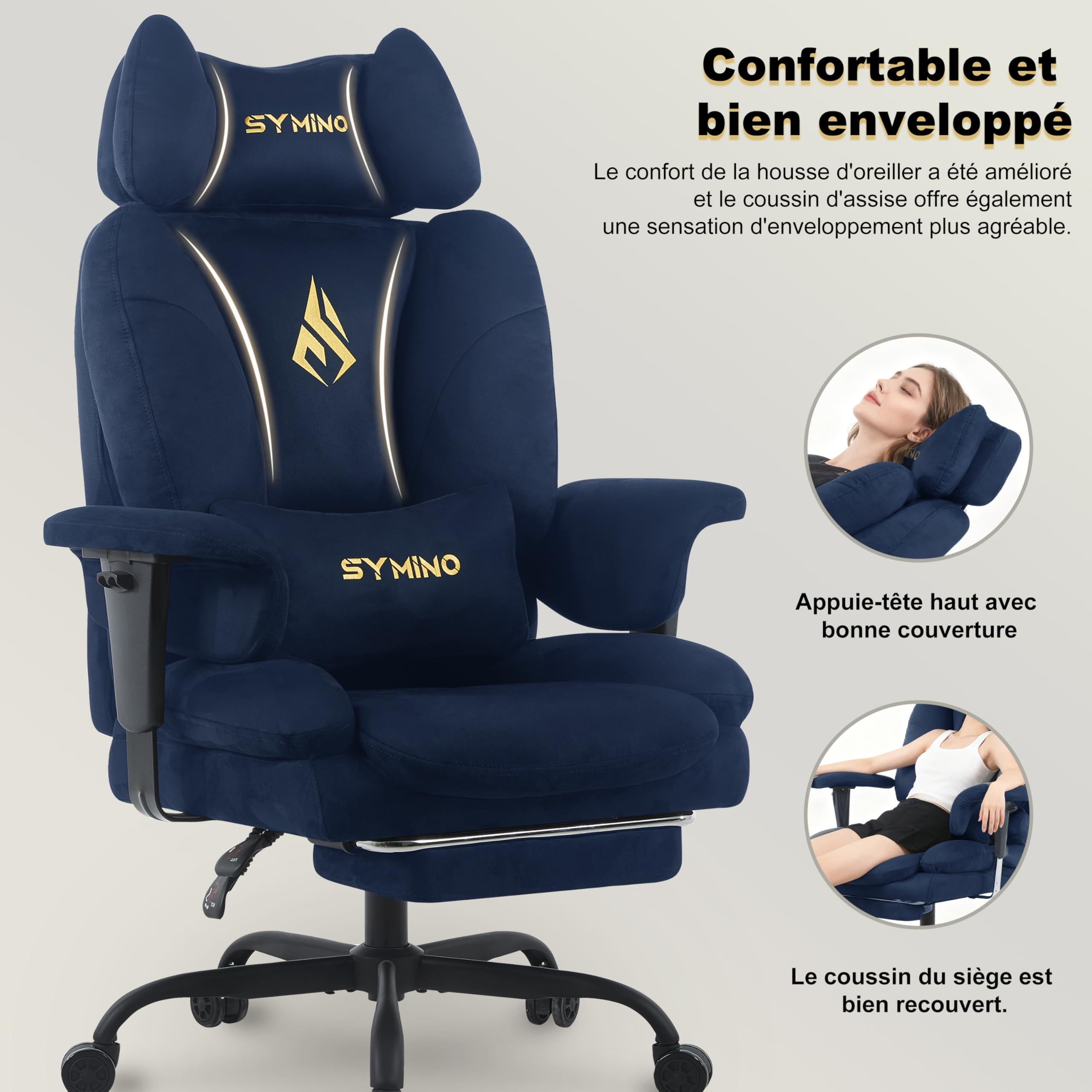 Symino Sedia Gaming in Tessuto Scamosciato Traspirante, con Poggiapiedi e Braccioli Regolabili in Altezza, Reclinabile 150°, Schienale Alto Ergonomico con Cuscino Lombare, Portata 150kg