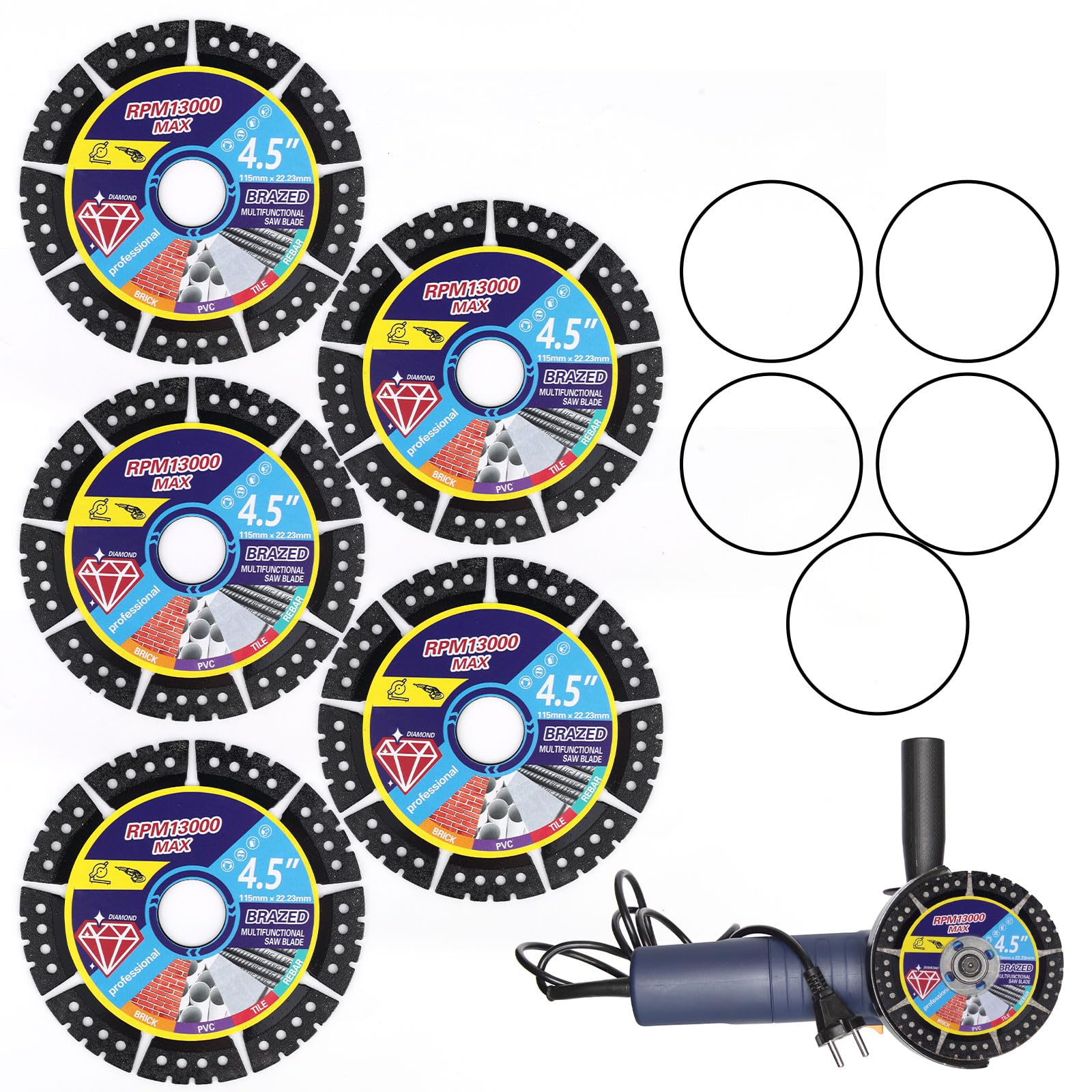 5uds Hojas Sierra Diamante 115mm para Amoladora, Disco Corte Diamante Multiuso para Baldosa Cerámica Vidrio Piedra Metal & Plástico Corte Húmedo o Seco con 5 Anillos Adaptadores