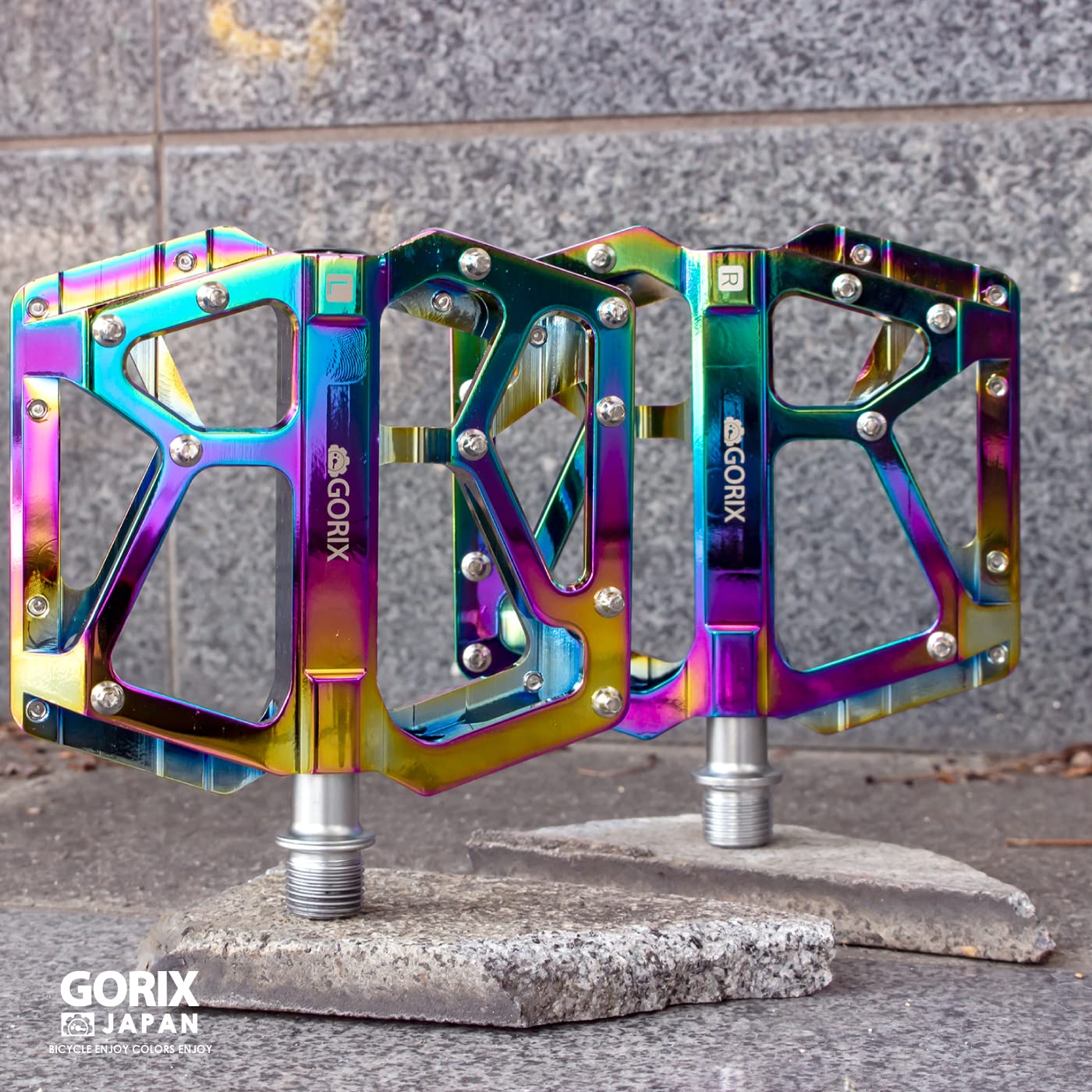 GORIX Fahrrad-Flachpedale, breites CNC-3-B-Lager, leicht, mit rutschfestem Stift, Spike, Oil Slick, Rennrad, Mountainbike, MTB-Fahrrad (GX-FX181)