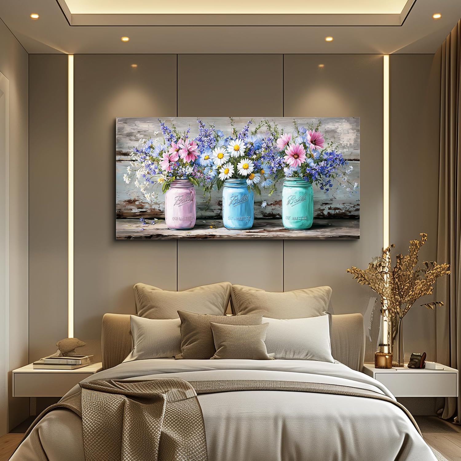 ZUITINGHUA Canvas Wall Art For Living Room Wall Decor For Bedroom Office Wall Decoration Mason Jar Floral Landscape Painting Vintage Pictures Artwork Room Aesthetic Home Decor 20x40 In