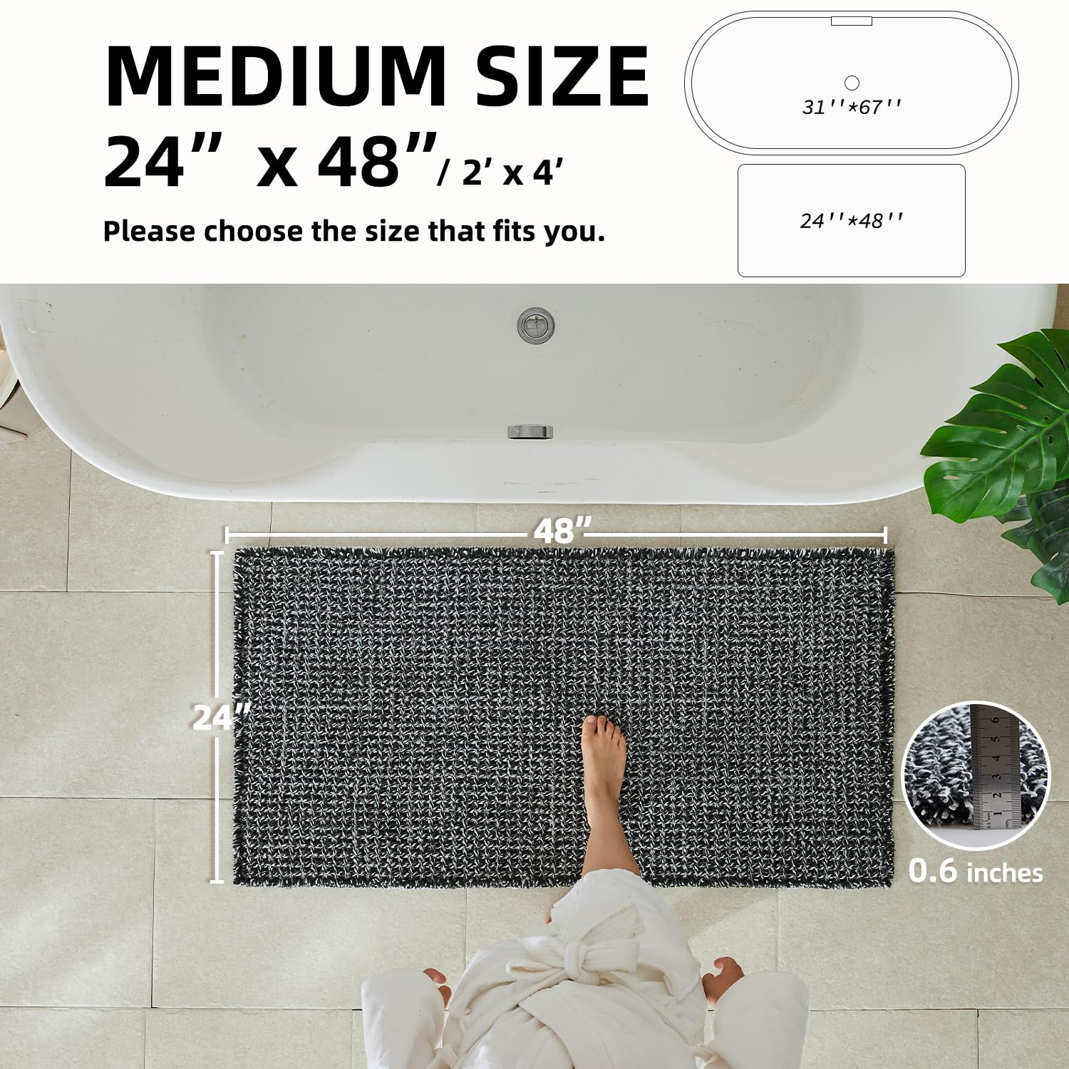 TYUU Alfombras de baño blancas y negras, alfombra de baño antideslizante, lavable, súper absorbente, de secado rápido, decoración de baño estilo bohemio, 48 x 24 pulgadas, blanco y negro