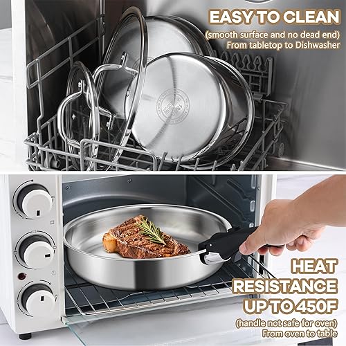 Miniatura 9 de E-far Juego de 9 utensilios de cocina de acero inoxidable, juego de ollas y sartenes de 3 capas con mango y tapa desmontables, utensilios de cocina