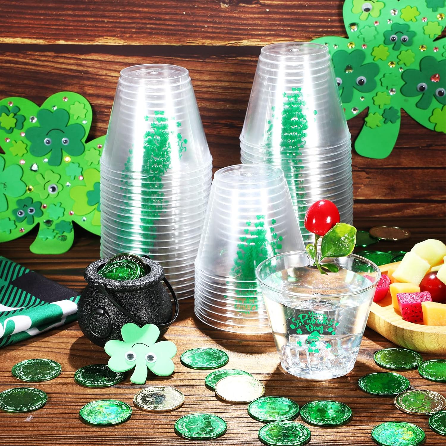 Eaasty 50 Pieces St Patricks Day Cups St Patrick's Day Disposable Plastic Cups Clear St Patrick's Day PET Cups Heavy Duty Hard Plastic Cups Lucky Irish Party Supply for Beer Beverage (9oz)