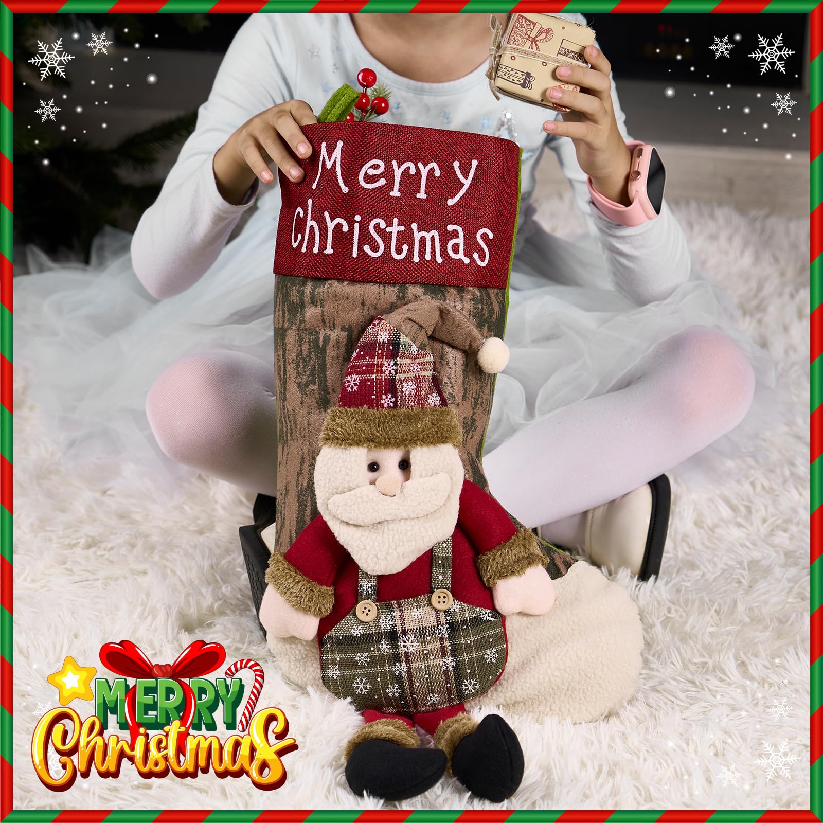 Jumbo-3D-Weihnachtsstrümpfe mit goldenen Haken, extra groß, 45,7 cm, Weihnachtssocken für Kamin, Kaminsims, Urlaubsstrümpfe, Set für Geschenke (3 Beine)