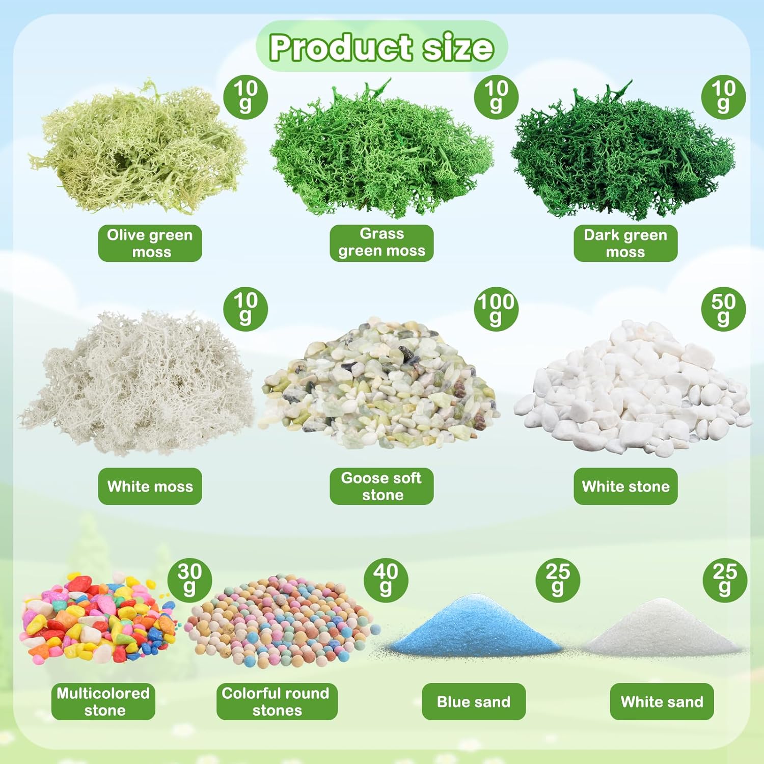 QUOZUO Scenery Basing Material Kit, 10 Pack Fairy Garden Miniatures Accessories Kit Dry Grass Moss Mixed Model Stone Fake River Desert for DIY Crafts, Mini Garden Scenery Railway Model
