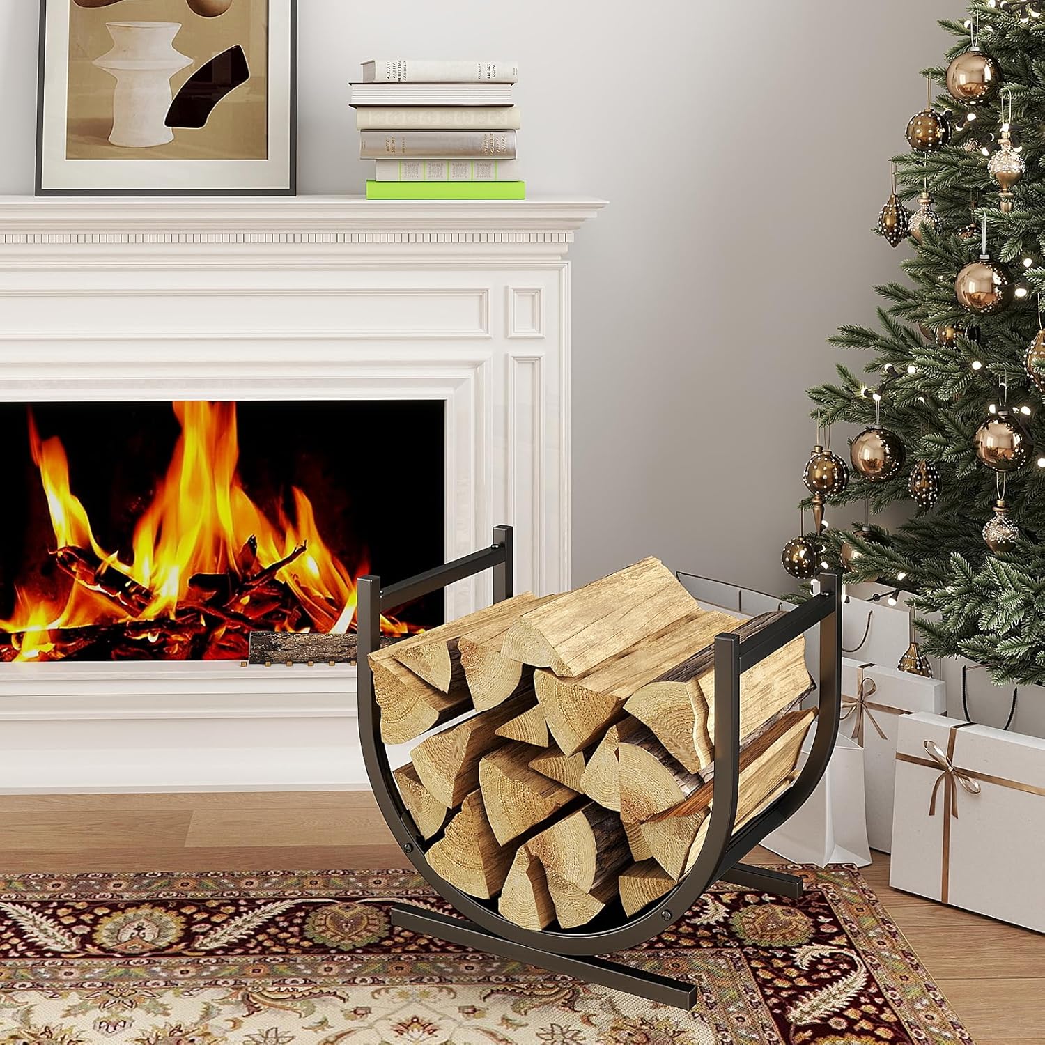 DOEWORKS Indoor Firewood Rack Decorative Wood Holder Fireside Log Rack