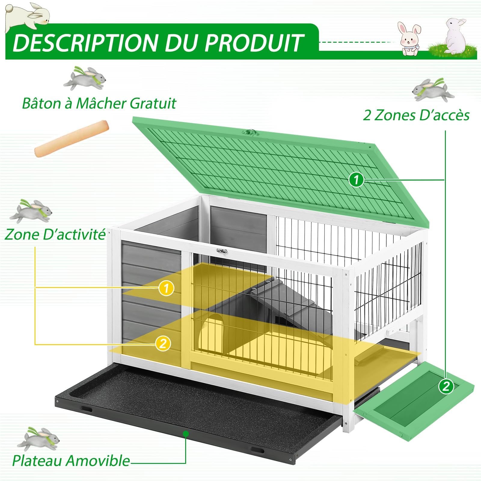 YODOLLA Cage Lapin Exterieur&Intérieur,Clapier Lapin avec Toit ouvrant,Gris | Cage en Bois,Clapier en Bois,90x50x55cm,Clapier à Lapin,Plateau Amovible et Rampe